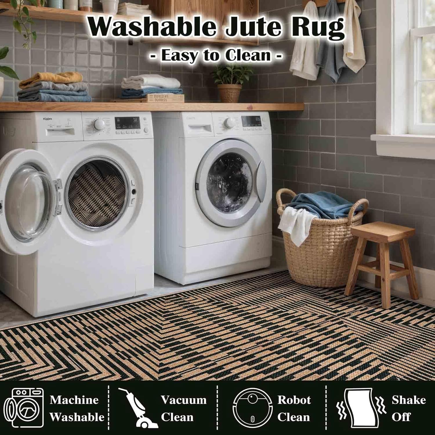 LIVEBOX Easy Jute Indoor Outdoor Rug 3x5, Washable Front Door Rug Indoor Entrance Non Slip Entryway Rugs, Black Neutral Modern Striped Carpet for Kitchen,Living Room,Mudroom - Image 4