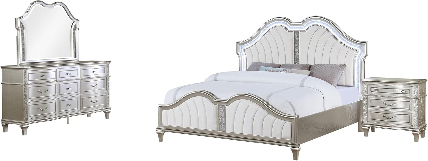 Coaster Home Furnishings Evangeline Modern Classic 4-Piece Bedroom Set Chenille Upholstered Eastern King Size LED Panel Bed Frame 67-inch Headboard Silver Oak 223391KE-S4