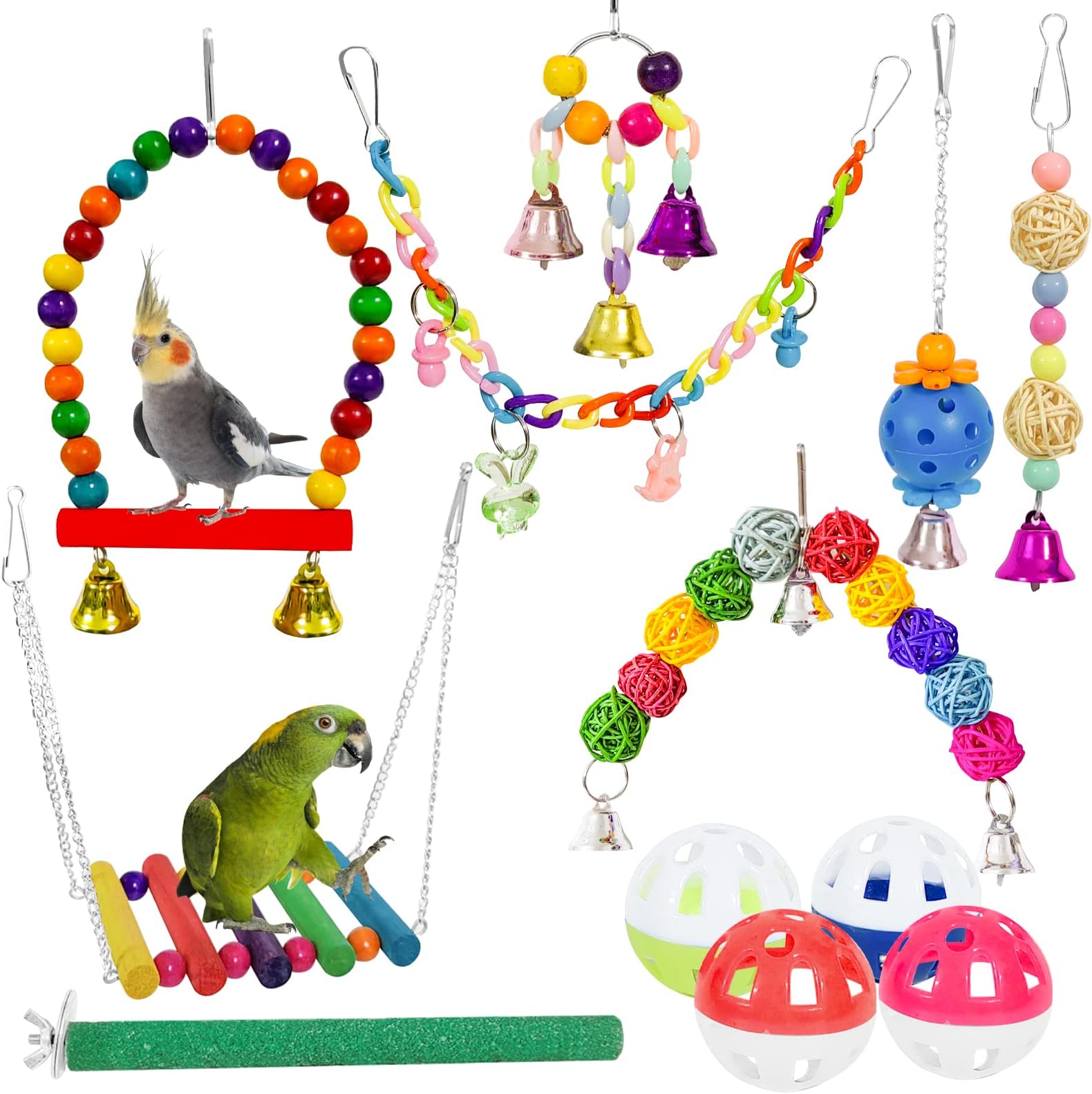 12 Packs Bird Toys Parrot Swing Toys - Chewing Hanging Bell Pet Birds Cage Toys Suitable for Small Parakeets, Conures, Love Birds, Cockatiels, Macaws, Finches