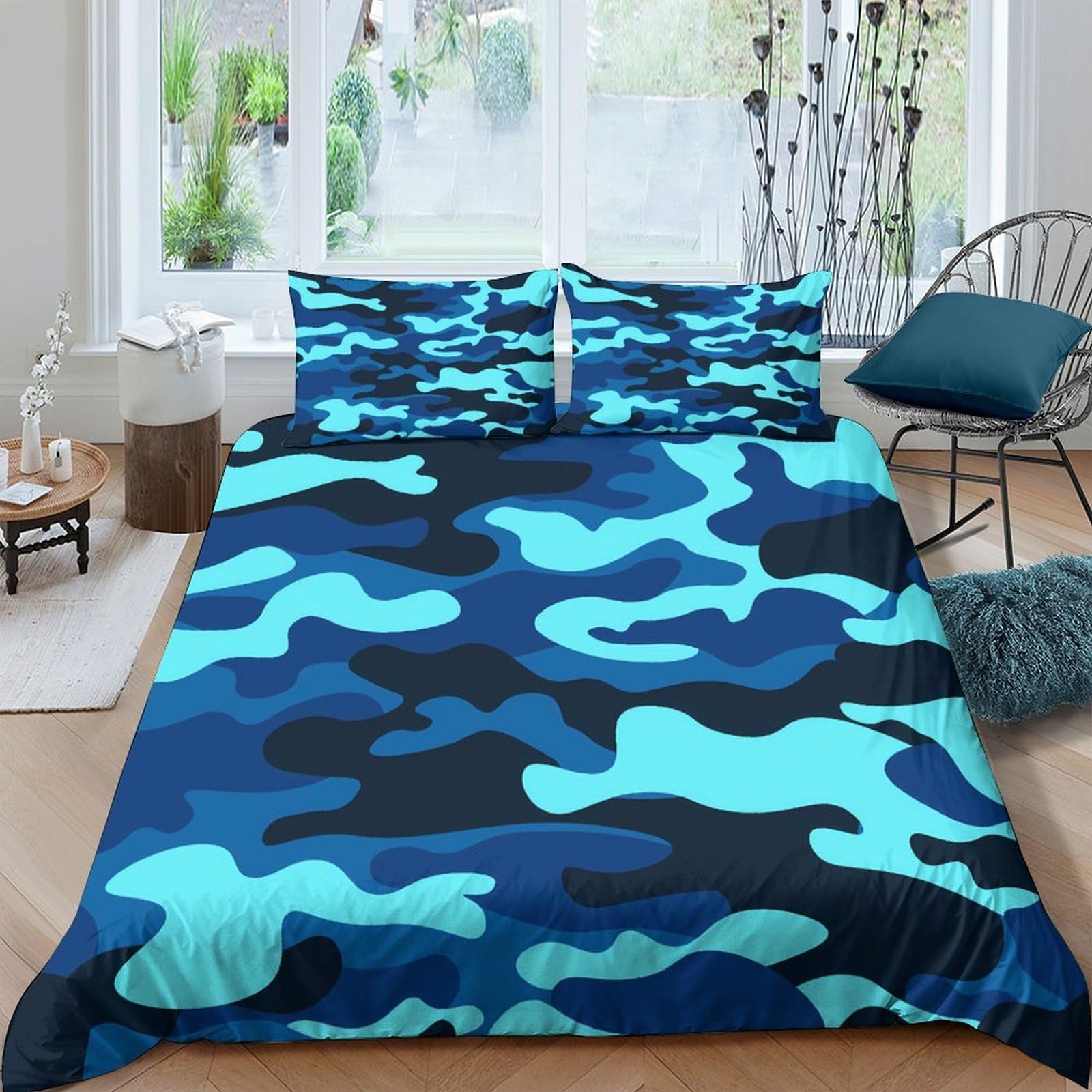 GPLZQXKJNH 3D Printed Blue Camouflage Duvet Cover Microfiber Soft Breathable Aqua Camo Bedding Set with 2 Pillowcases for Bedroom Decoration Single（135x200cm）