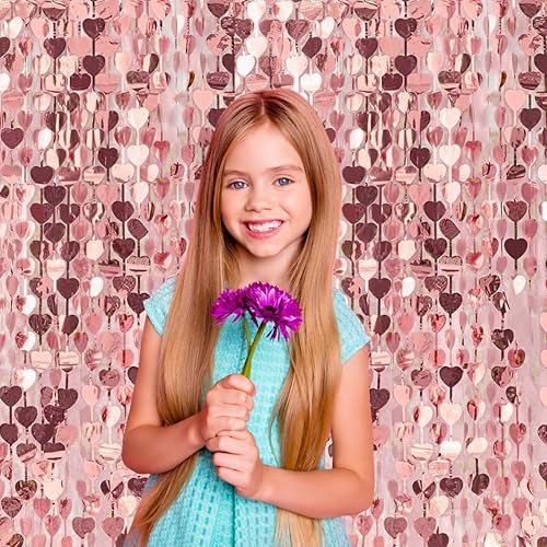 Miniatura 5 de Cortina de papel de aluminio de corazón de oro rosa, 2 piezas, oropel metálico con flecos, decoraciones de despedida de soltera, telón de fondo de
