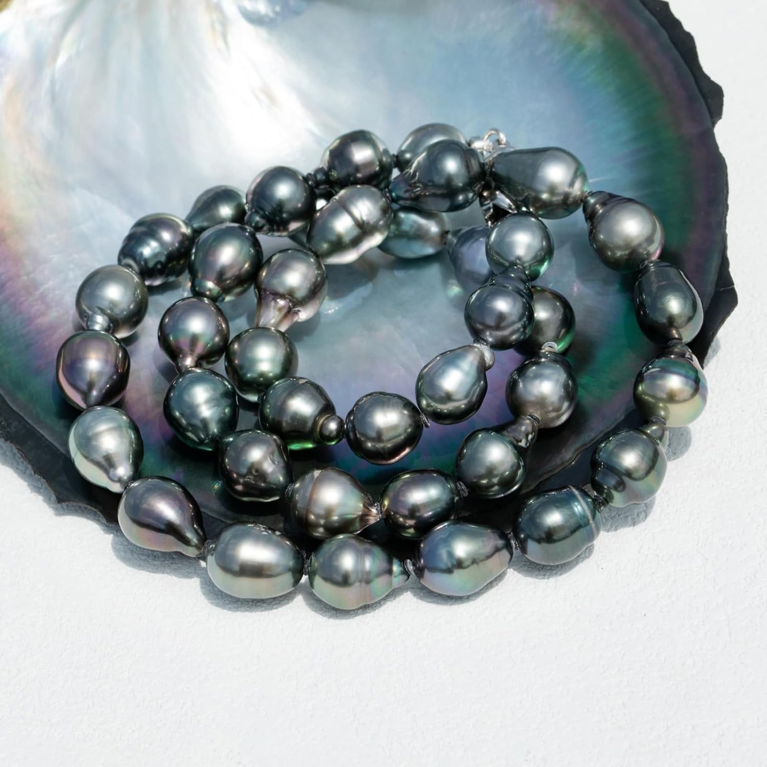 10-11MM Tahitian Black Baroque Pearl Necklace, AAA Quality Handpicked Pear Shape Tahitian Baroque Pearls, 18 White Gold Plated Sterling Silver Clasp, 18-20 Inch in Length