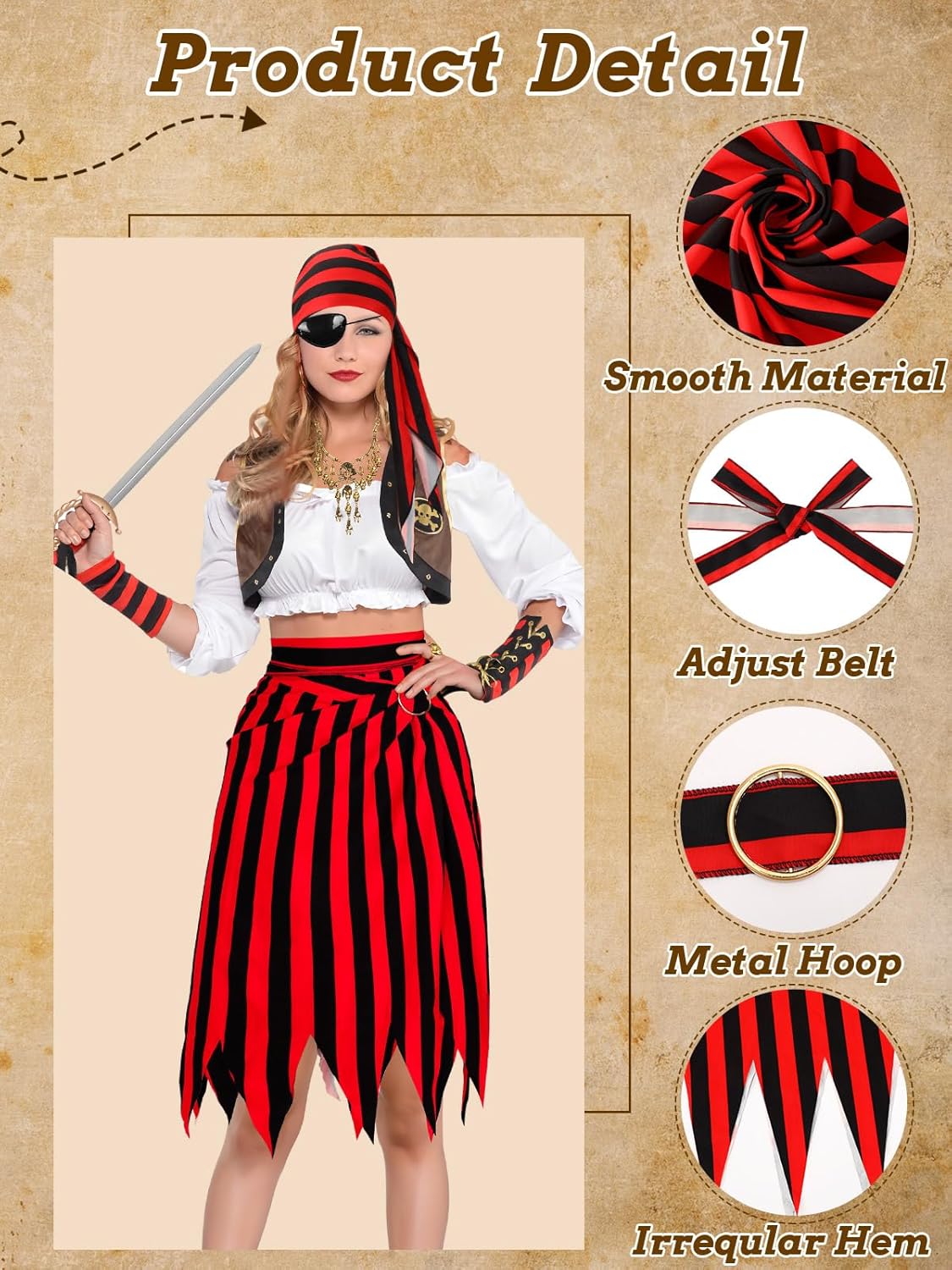 Jansun 6-Piece Pirate Costume Set - Women's Pirate Skirt Dress, Open Design, Adult Head Scarf, Hat, Eye Patch, Skeleton Necklace, Earrings - Image 5