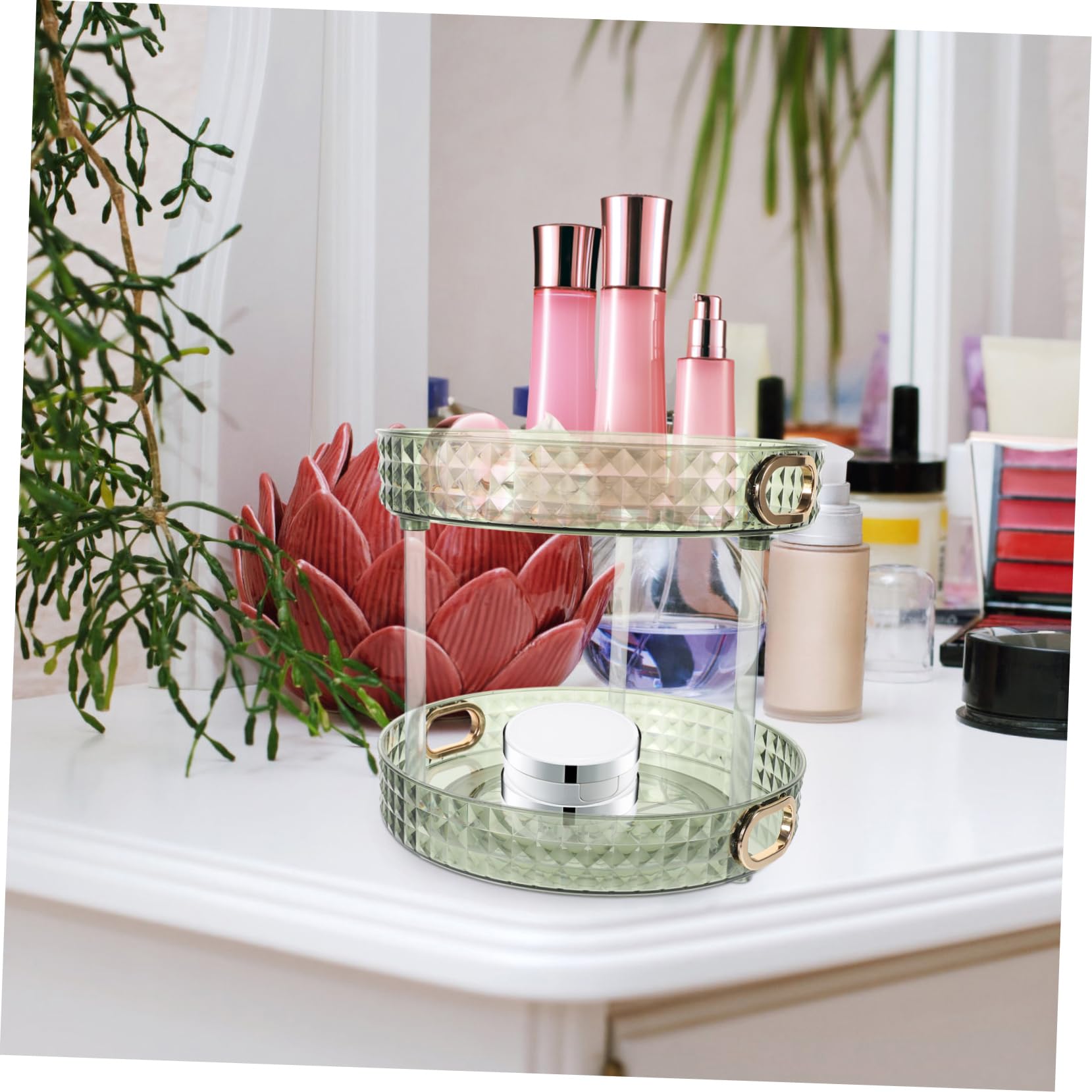 PACKOVE Organizzatore Ordine e a 2 Livelli Cosmetici Rotante in Plastica Verde Accesso Rapido Trucchi e Bagno Sul Tavolo