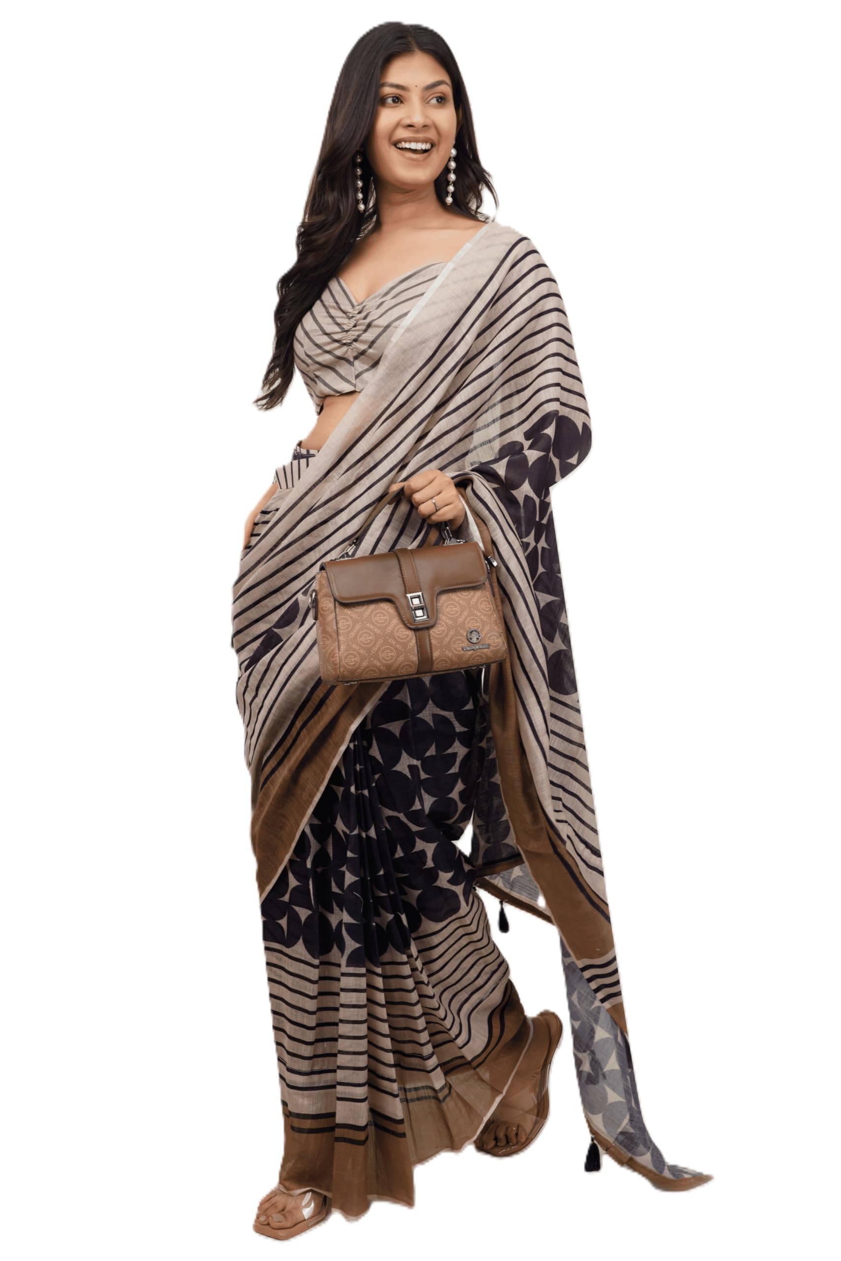 Off White Sandalwood Striped Geometric Printed Linen Ready To Wear Saree With Pocket And Adjustable Size Belt With Striped Pattern Unstitched Blouse Piece One Minute Saree-image-34