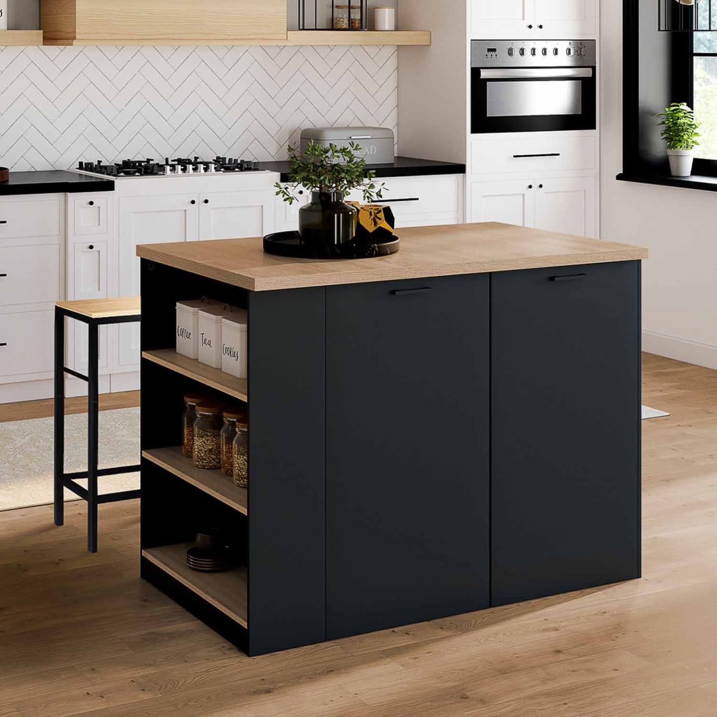IDMarket - Ilot central TIBO 120 cm bois noir avec plan de travail façon hêtre