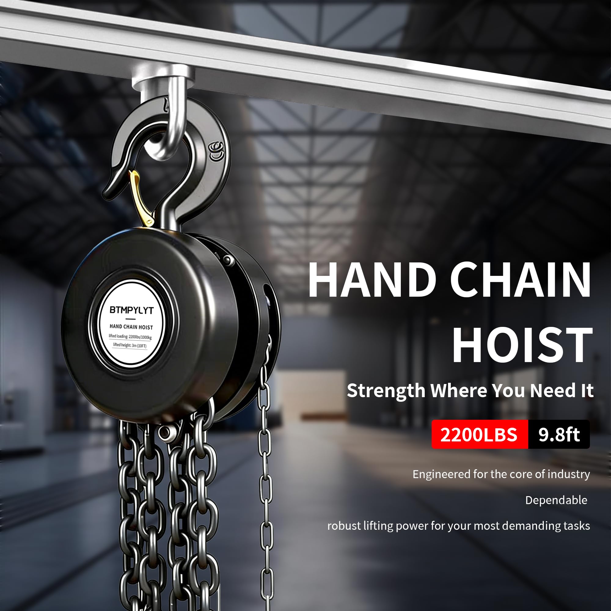 Manueller Kettenzug, 1 Tonne, 3 m Hubhöhe, 1000 kg Kapazität mit robusten Haken, schwarzer Handkettenblock für Lager, Garage, Werkstatt