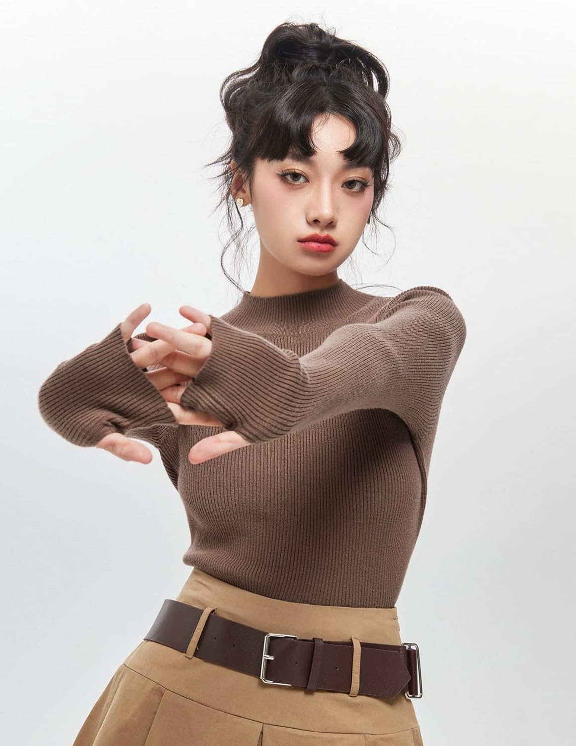 Women's Sweater Slogan Embroidery Thumb Hole Mock Neck Sweater Sweater for Women (Color : Coffee Brown, Size : Medium)