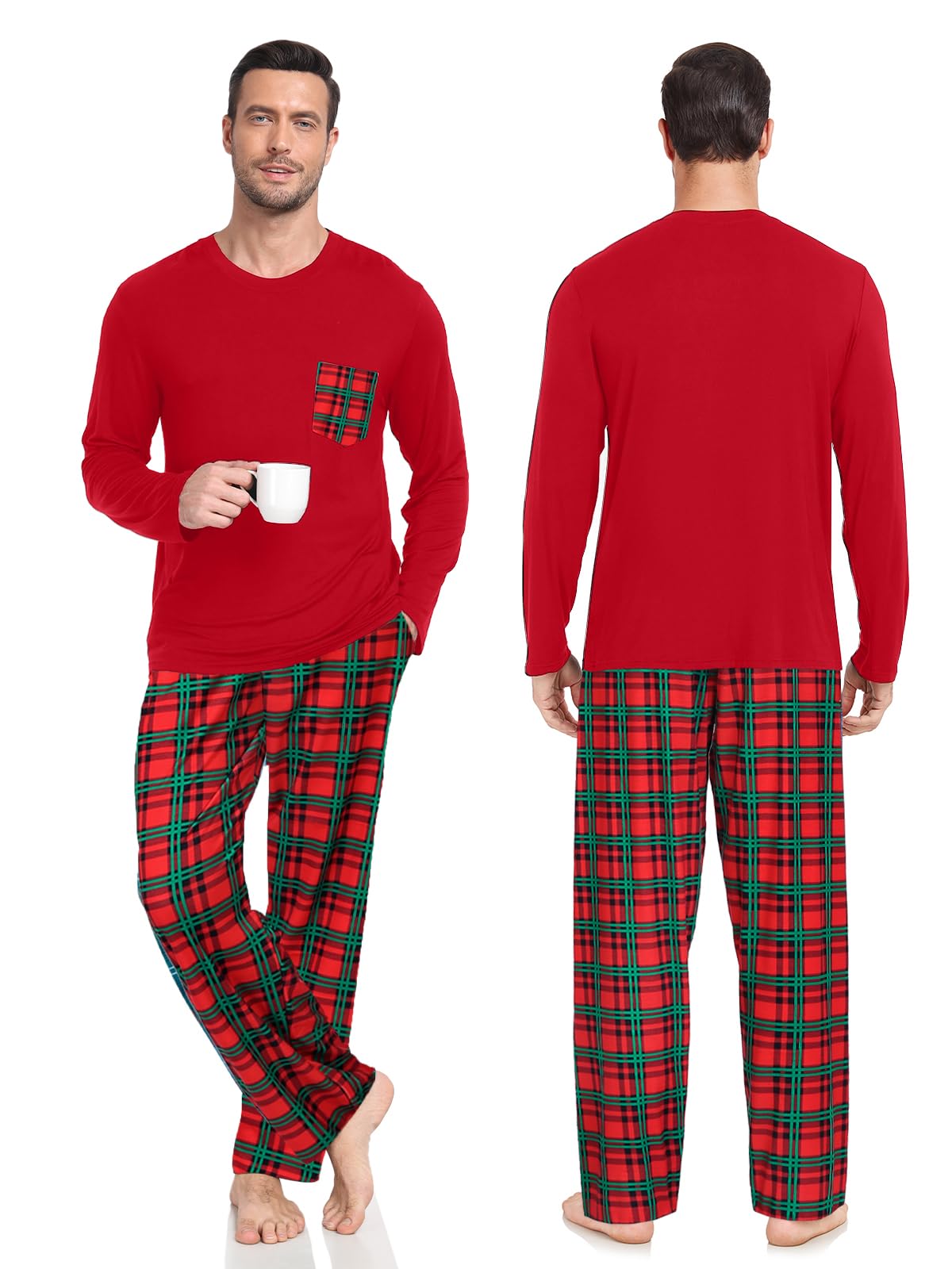 Conjunto de pijama a cuadros de Navidad a juego para parejas, ropa de dormir de manga larga, suave modal con bolsillo, S-3XL