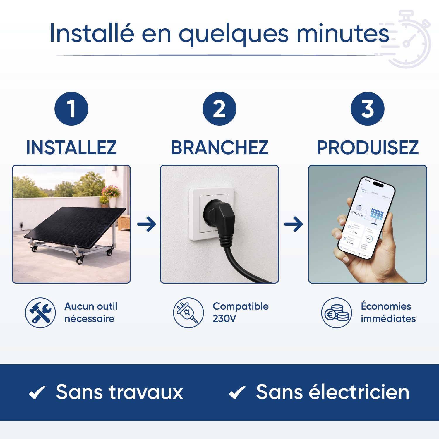 Kit Solaire Autonome Connecté KATEZER avec Roulettes - Prêt à Brancher - Panneau Bifacial - Installation Sans Travaux - Suivi de Production - Pose Sol, Mur ou Balcon (KIT DOUBLE 840W)