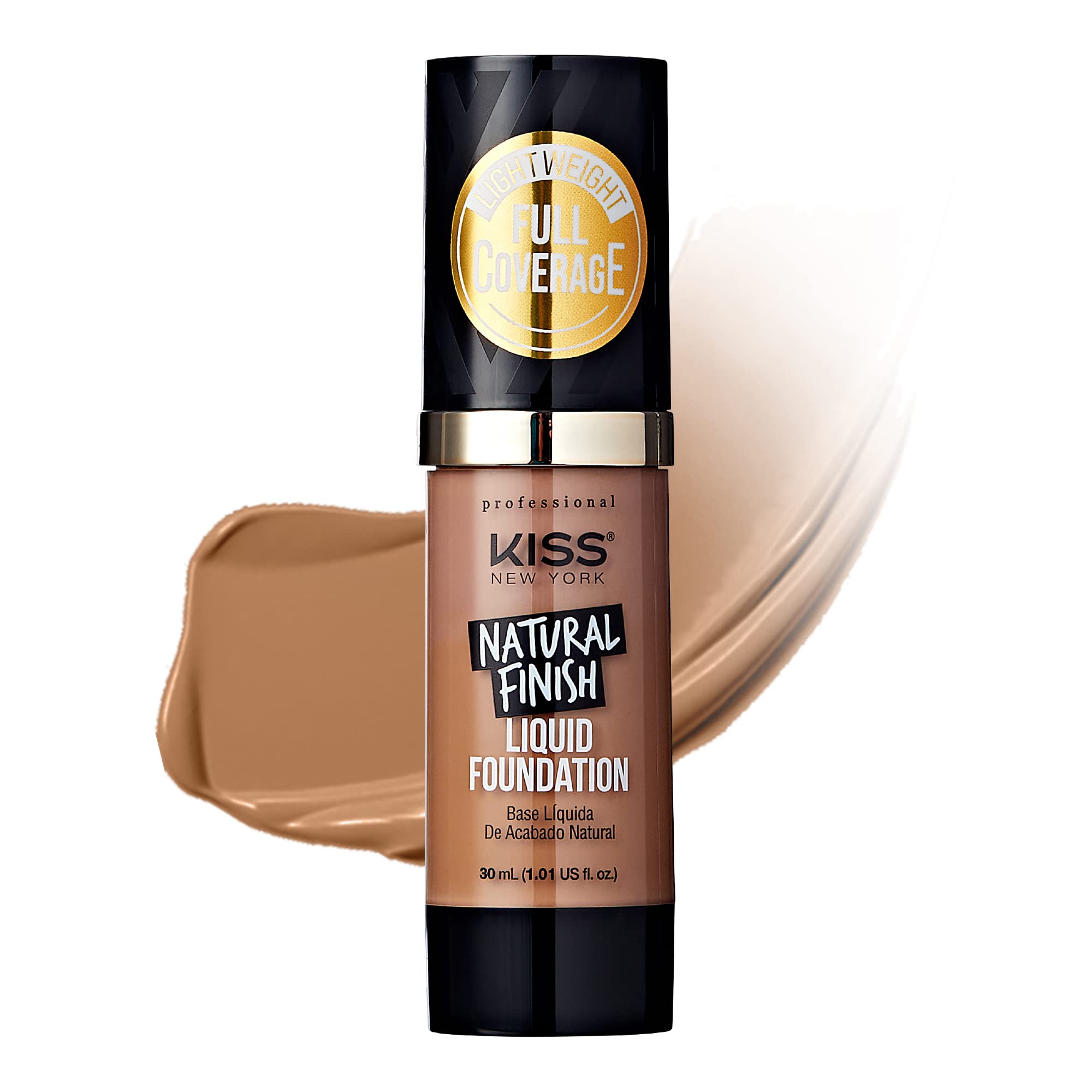 Kiss New York Professional Liquid Foundation - Lightweight and Hydrating Formula, Natural Finish, Control Shine, Cover Pores, Medium to Full Coverage, Green Tea Extract (Toffee)