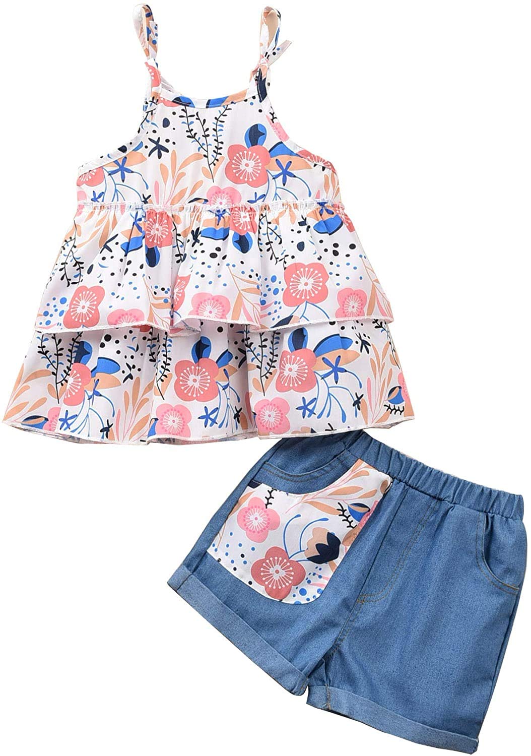 Toddler Baby Girl Sleeveless White Tank Top Shirts+Gray Stripe Shorts Pant with Bow Belt+Headband Summer Clothes Set