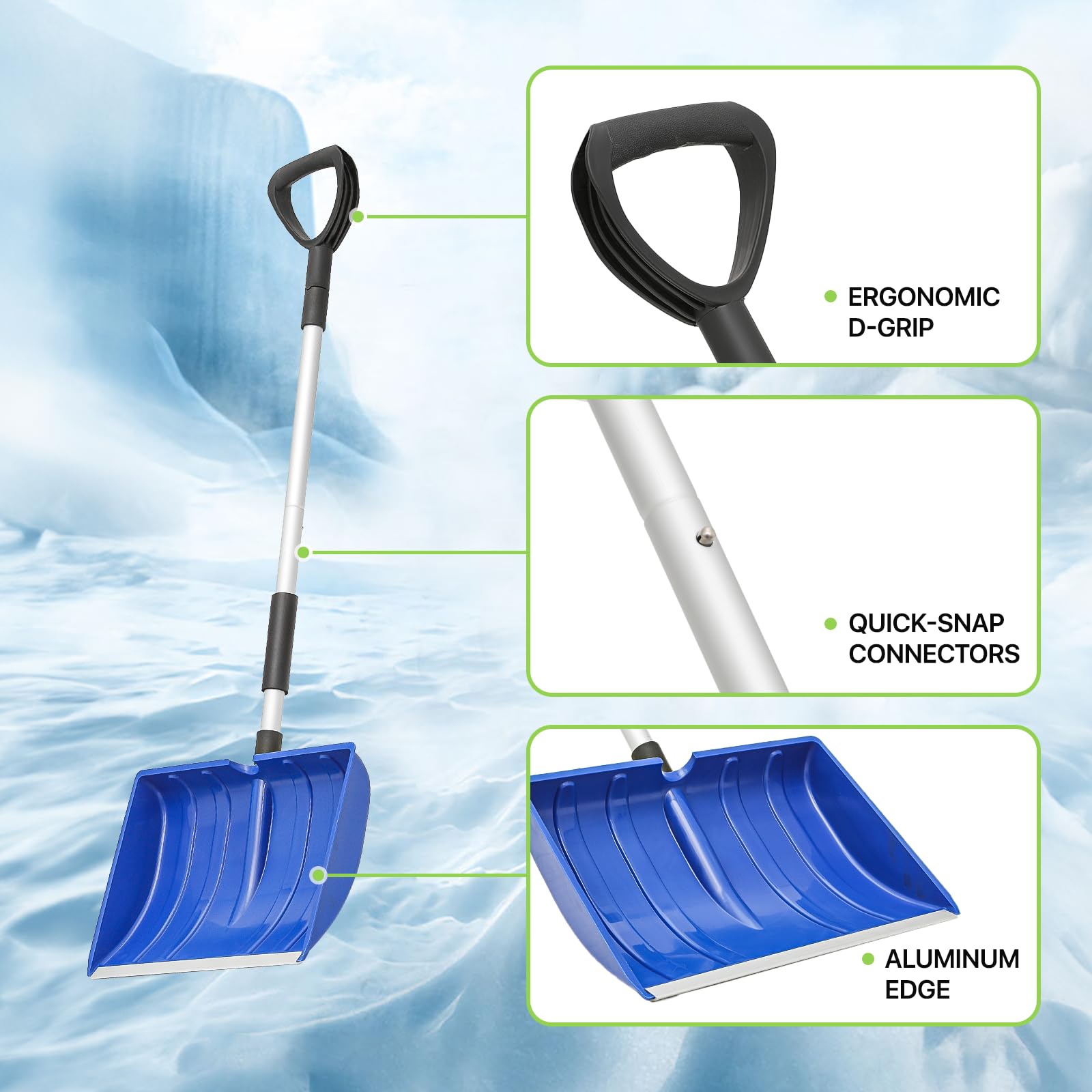 Magshion Pala da neve ergonomica da 40,6 cm con manico in alluminio leggero, rimozione della neve per vialetto e patio, blu