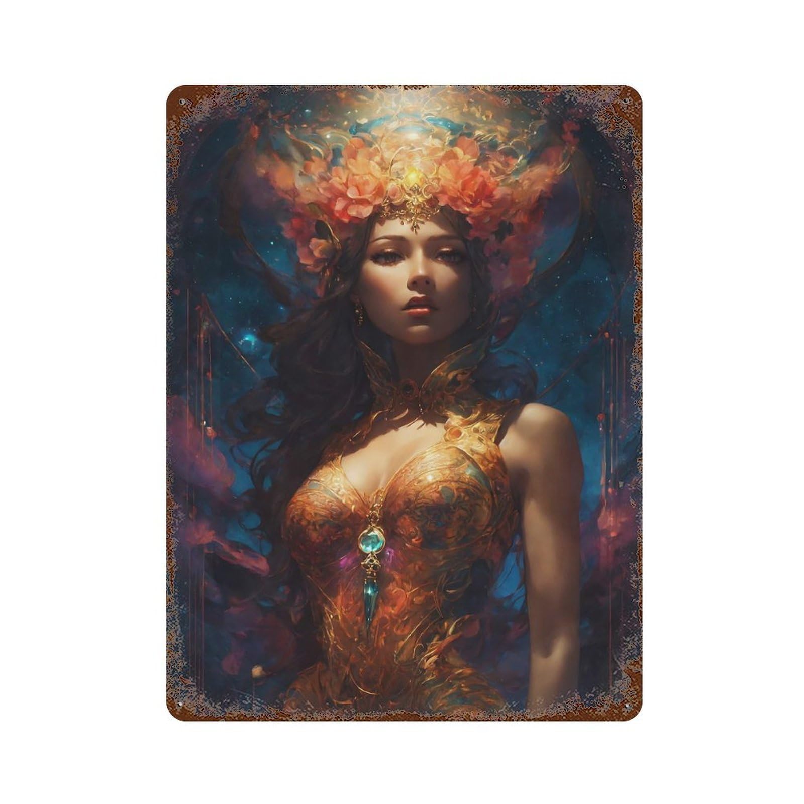 Rust Effect Golden Goddess with Floral Crown Rustic Tin Plaque 15.7"x11.8", Decorative Metal Wall Art for Farmhouse, Kitchen And Entryway Decor