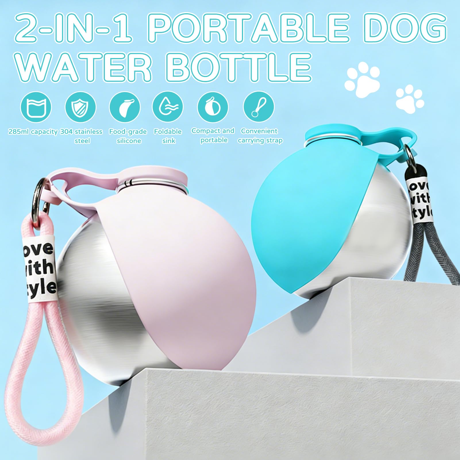Botella para perros para viajes, 285 ml, de acero inoxidable, botella de agua con cuenco, para perros, portátil, de viaje, a prueba de fugas, botella compacta para perros para viajes (D) — view 7