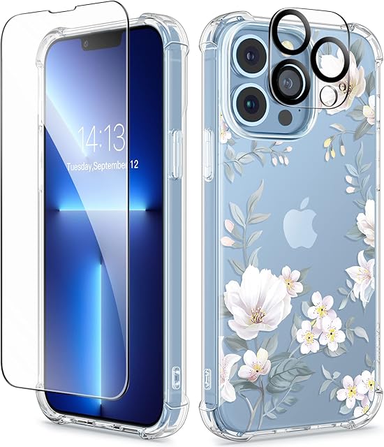 GVIEWIN Compatible with iPhone 13 Pro Case 6.1" 2021, with Tempered Glass Screen Protector + Camera Lens Protector, Flower Clear TPU Slim Bumper Shockproof Protective Soft Phone Cover, Magnolia/White