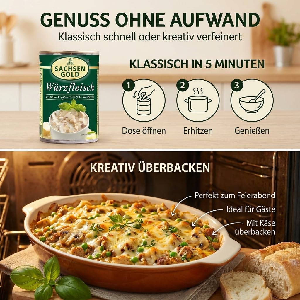 Sachsen Gold Würzfleisch 12x400g – Hähnchen & Schweinefleisch | Mit Champignons, traditioneller Rezeptur – ostdeutsche Spezialität zum Überbacken, 4,8 kg Vorrat