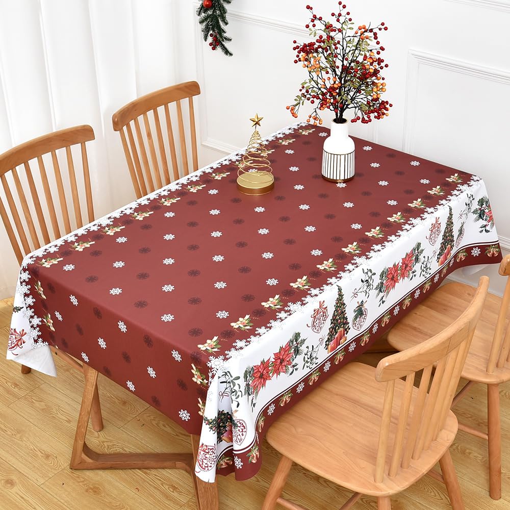 Yofori Christmas Table Cloth Wipe Clean PVC Xmas Tablecloth Rectangle Red Plastic Table Cover Waterproof Wipeable Vinyl Oilcloth for Spring festival New Year Dining Party (Trees-red