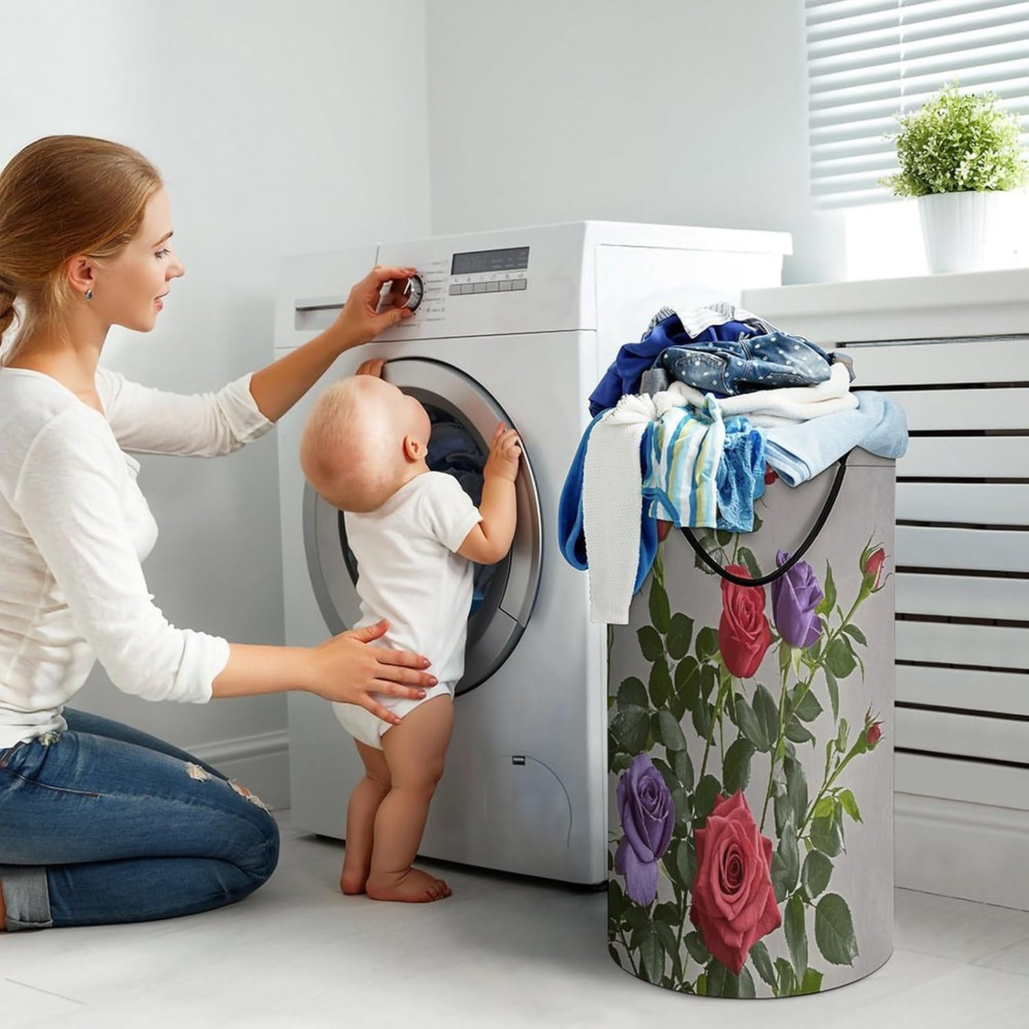 Red And Purple Roses Laundry Hamper Large Collapsible Laundry Basket with Handles Waterproof Clothes Hamper Portable Dirty Clothes Basket for Bedroom Laundry Room Closet Bathroom