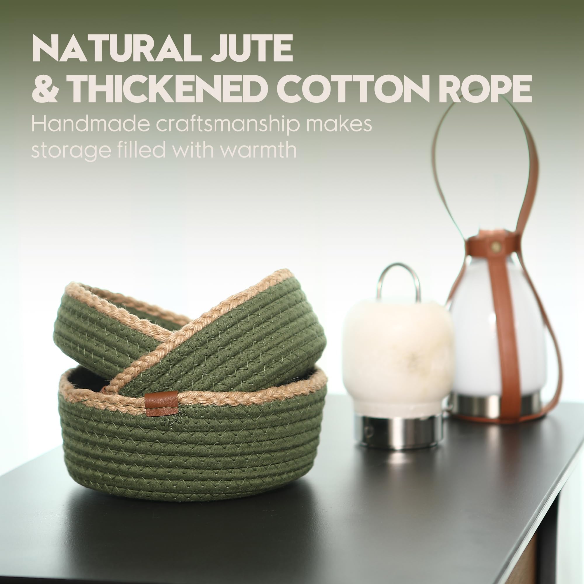 Sea Team 3-Pack Round Cotton Rope Baskets Jute Braided Portable Storage Set, Green - Image 3