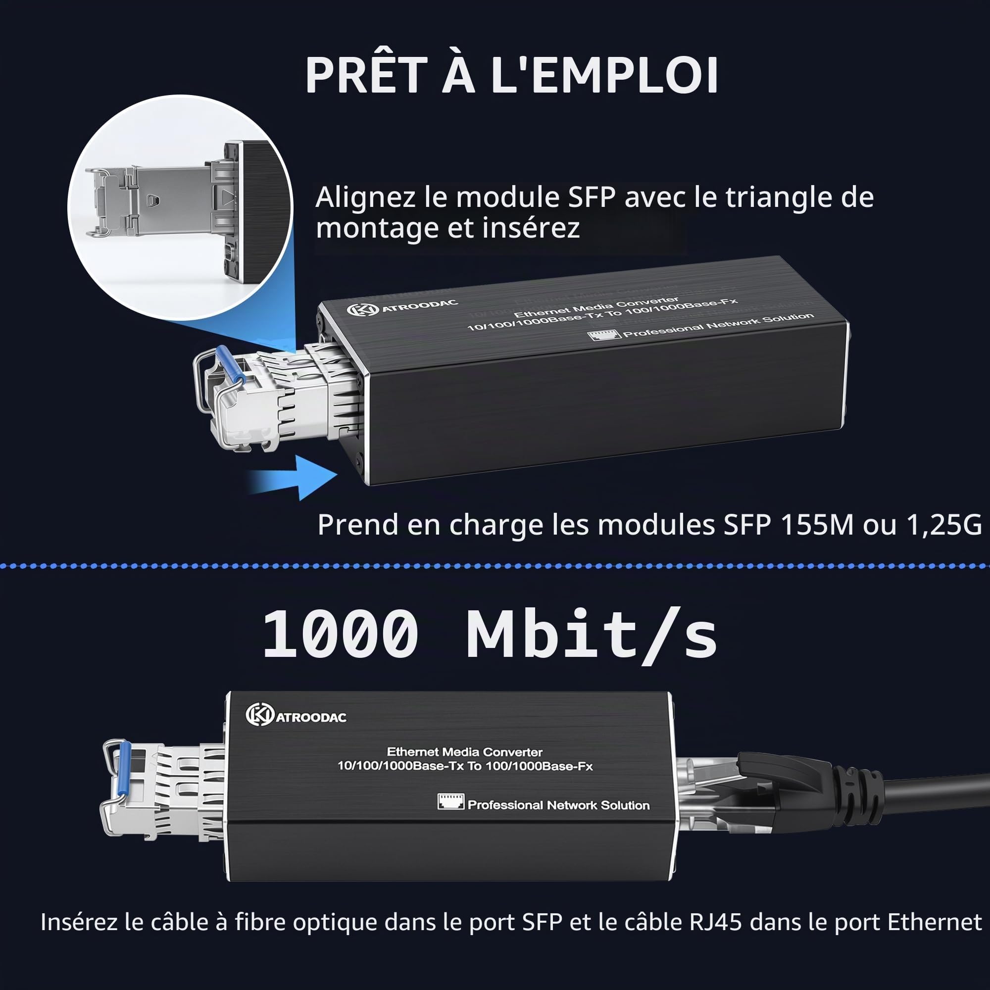 1 paire de convertisseurs médias Gigabit fibre optique Ethernet Fibre optique Bidi Single-Mode LC Module émetteur-récepteur à port unique 1310/1550 nm, 20 km, 1,25 G SFP Slot vers RJ45,