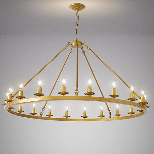 Miniatura 30 de Lámpara de araña de 60 pulgadas dorada, lámpara de rueda de vagón con pantalla de vidrio, lámpara colgante de techo alto de 20 luces redonda grande