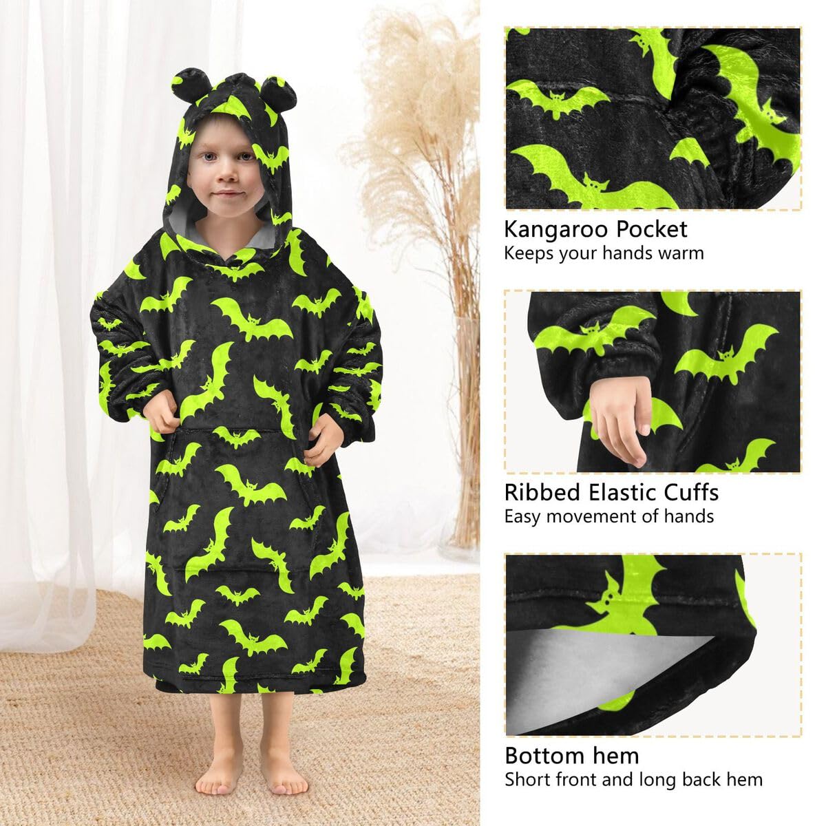 Green Bats dziecięcy koc do noszenia z kapturem oversize bluza koc sweter Halloween dla chłopców i dziewcząt w wieku 3-14 lat
