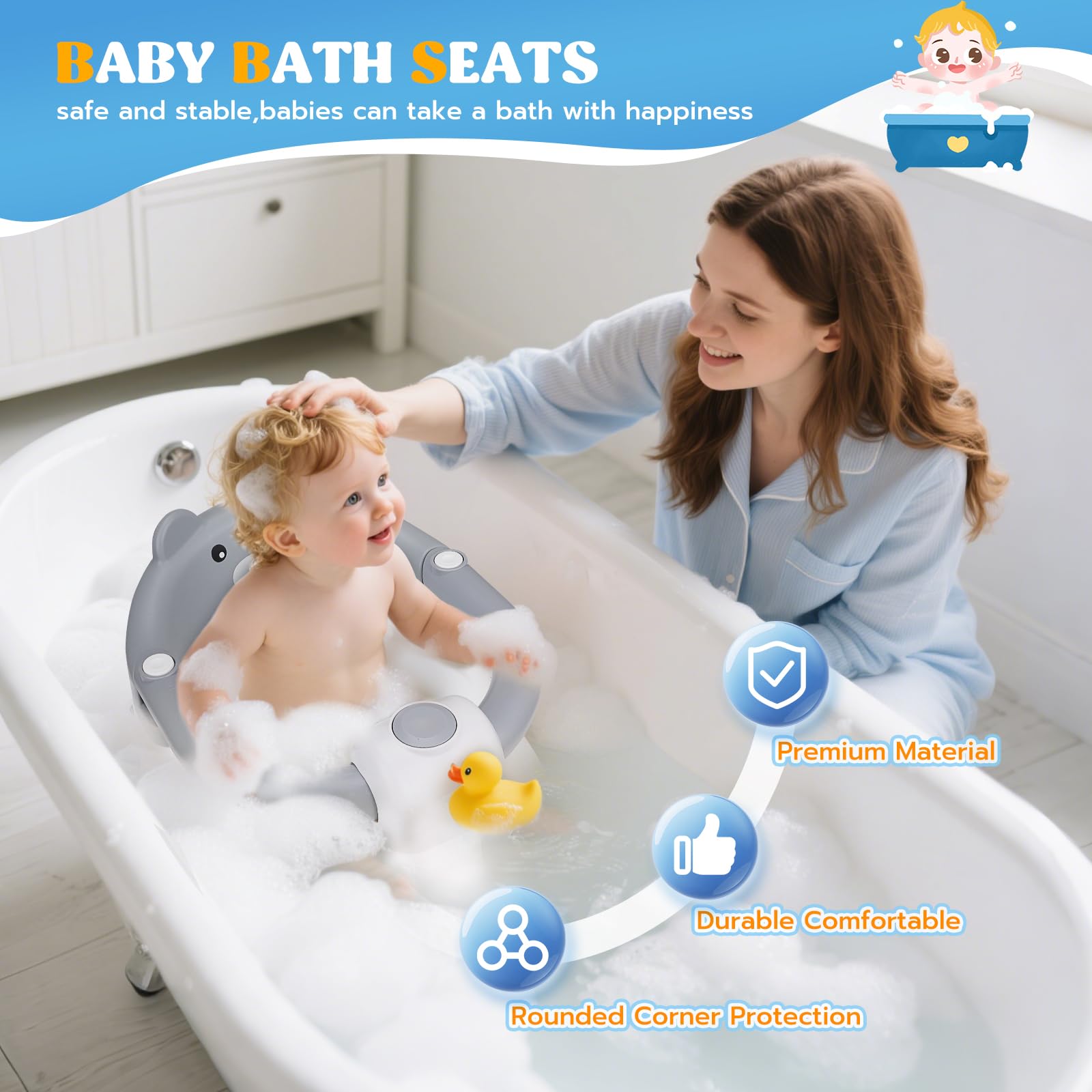 baby-badewannensitz Babybadsitz, stabiler Babybadsitz mit 4 Saugtaschen, tragbarer Badestuhl für Dusche oder Badewanne, ergonomischer Babybadsitz geeignet von 6 bis 24 Monaten