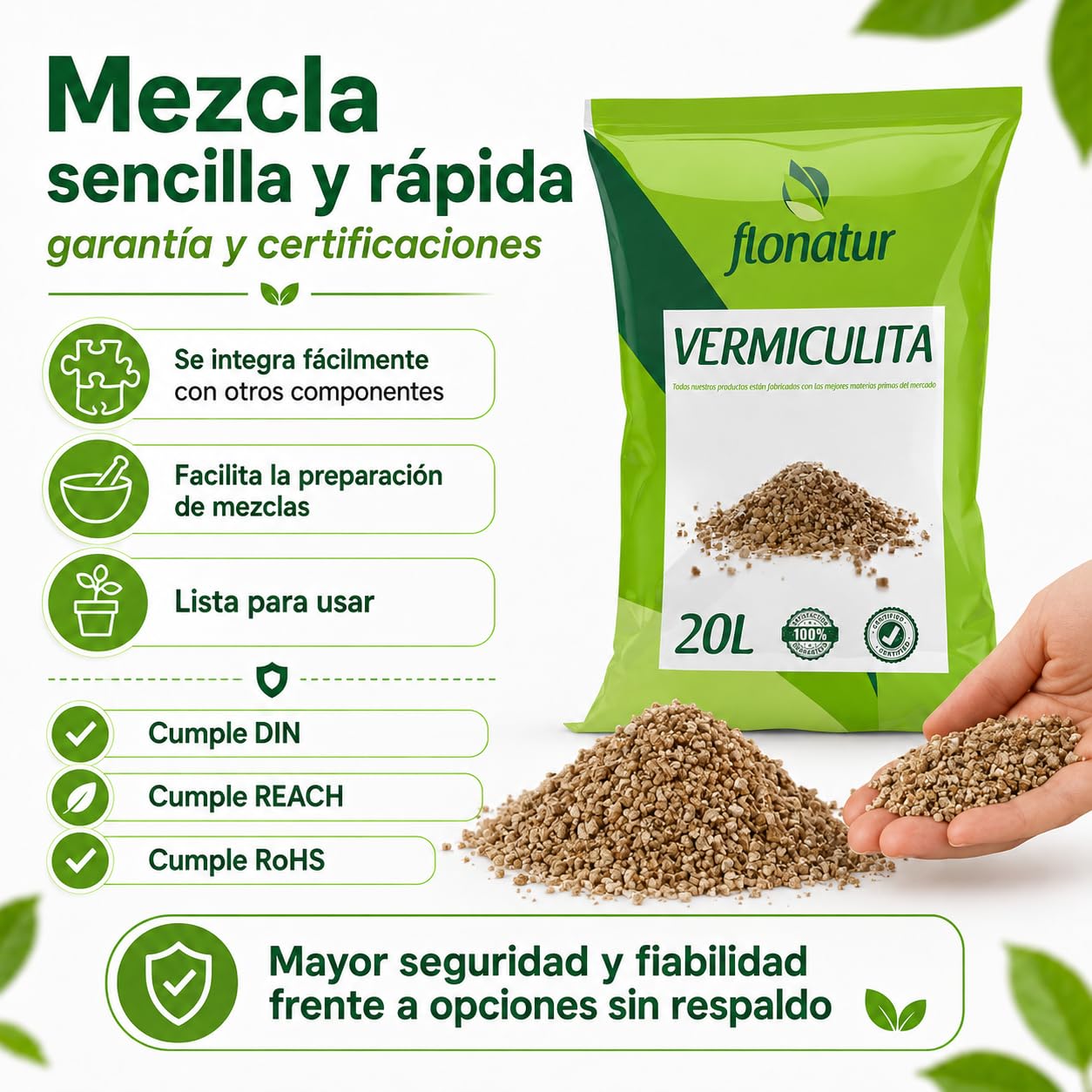 Vermiculita Premium, la elección Ideal para Mejorar tu sustrato. Saco de 20L de vermiculita Potencia la retención de Agua, promueve la aireación de Las raices.