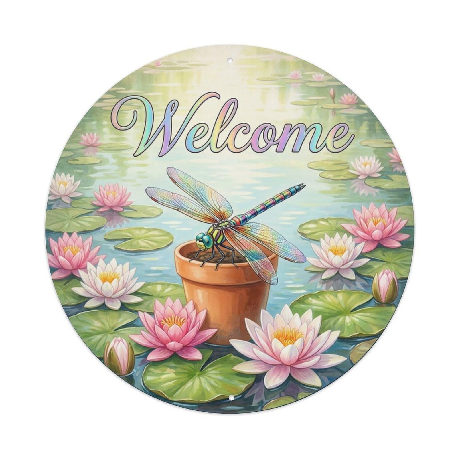 Metal Tin Sign Welcome Dragonfly Water Lily