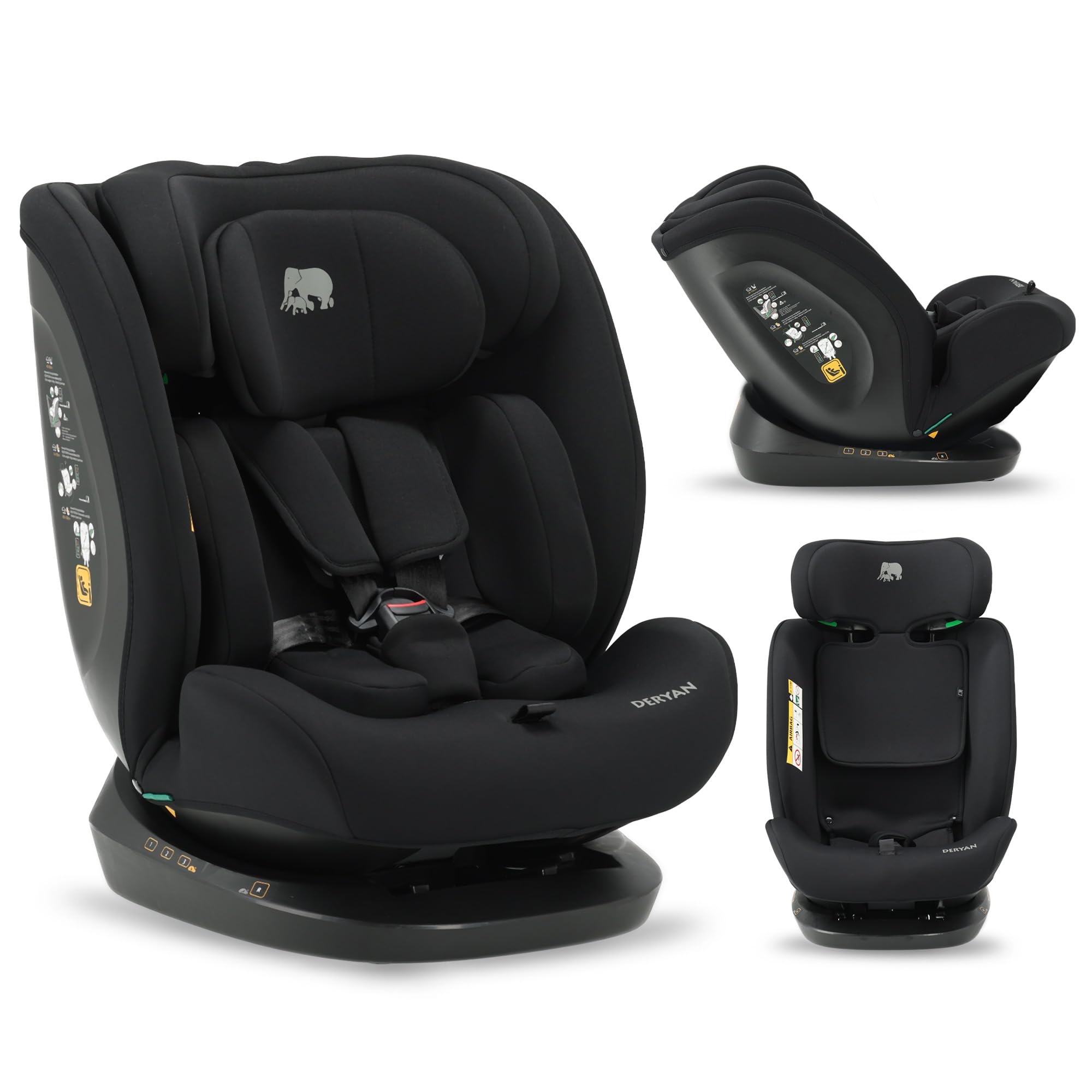 Deryan Clyde i-Size Seggiolino Auto per Bambini (40-150 cm) 0 a 12 anni - Montaggio con Cinture di Sicurezza, Poggiatesta e Schienale Regolabili, Inserto Riduttore e Linguinale, (0-36kg) (Nero)