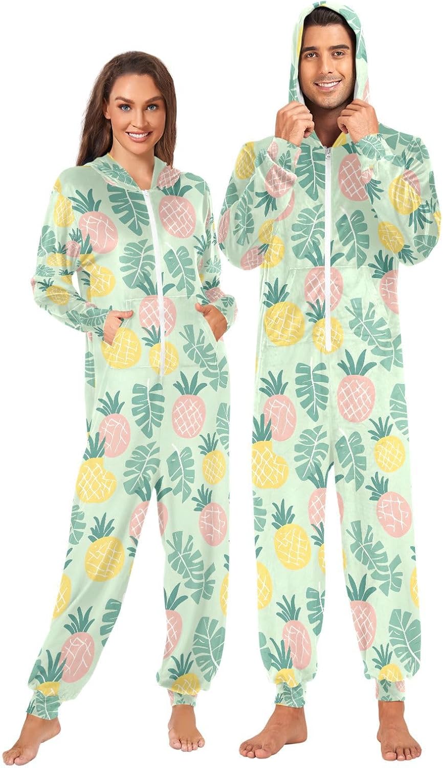 Pineapple Leaf Green Adult Onesie Pajamas Novelty One Piece Costume Sleepwear Jumpsuits Matching PJS