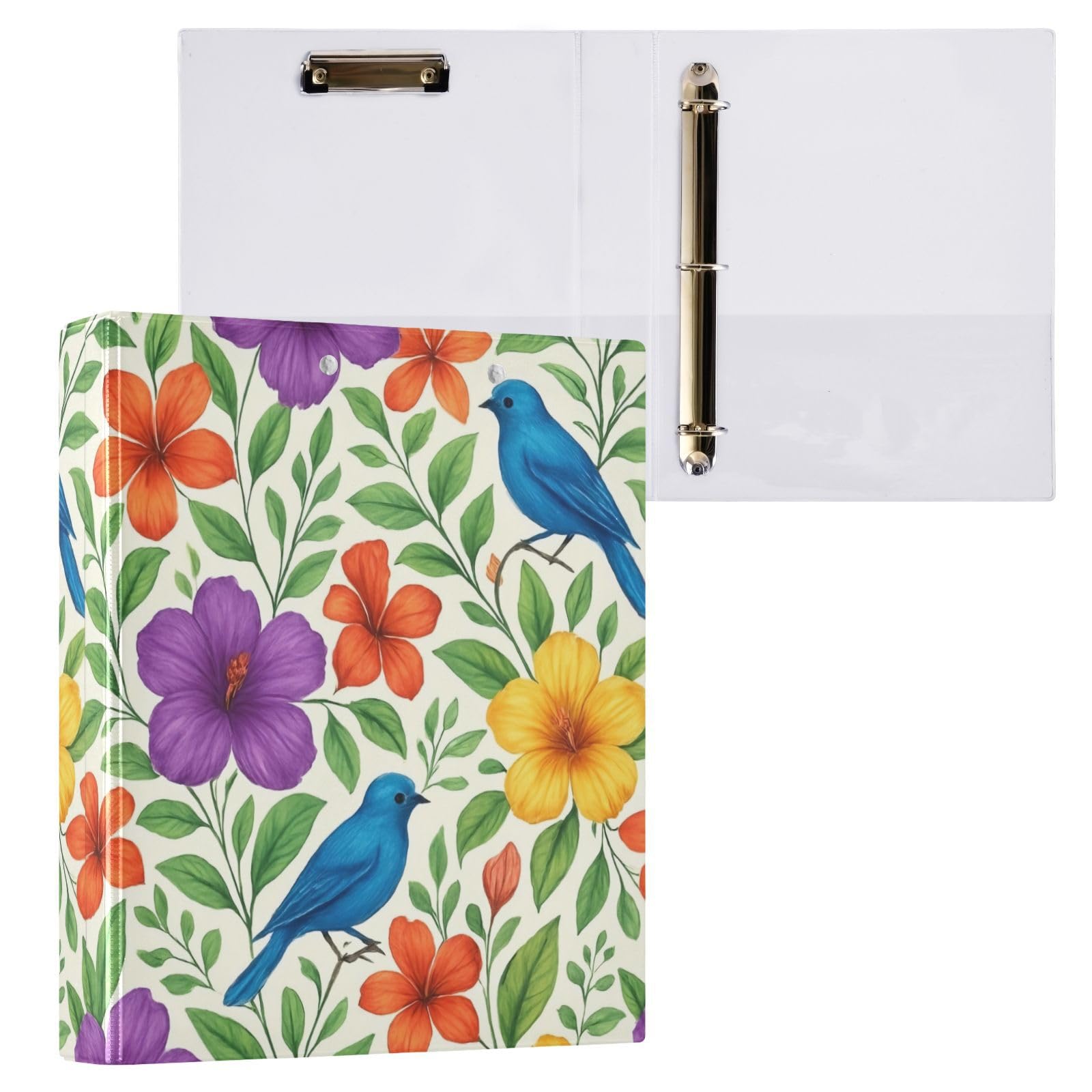 Carpeta de 3 anillas, flores tropicales, hojas verdes, carpeta de anillos en D, paquete de 2 | Con portapapeles y bolsillos, para escuela, universidad, oficina