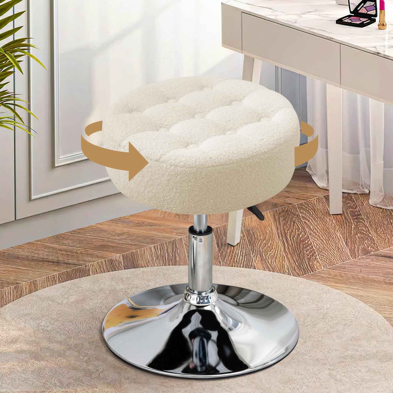 Ckaff 360° Swivel Vanity Stool, Adjustable Dressing Table Stool, Height Adjustable Makeup Vanity Stool, Tufted Design Bouclé Teddy Fabric Makeup Ottoman Stool for Living Room Bedroom Entryway, White