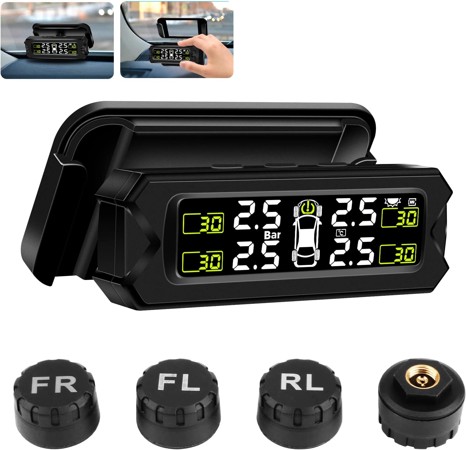 Jansite 【Newest】 TPMS Tyre Pressure Monitoring System Detachable Bracket 14-87Psi Wireless Adjustable Angle with 4 External Sensors Solar/USB Charging Car Alarm System