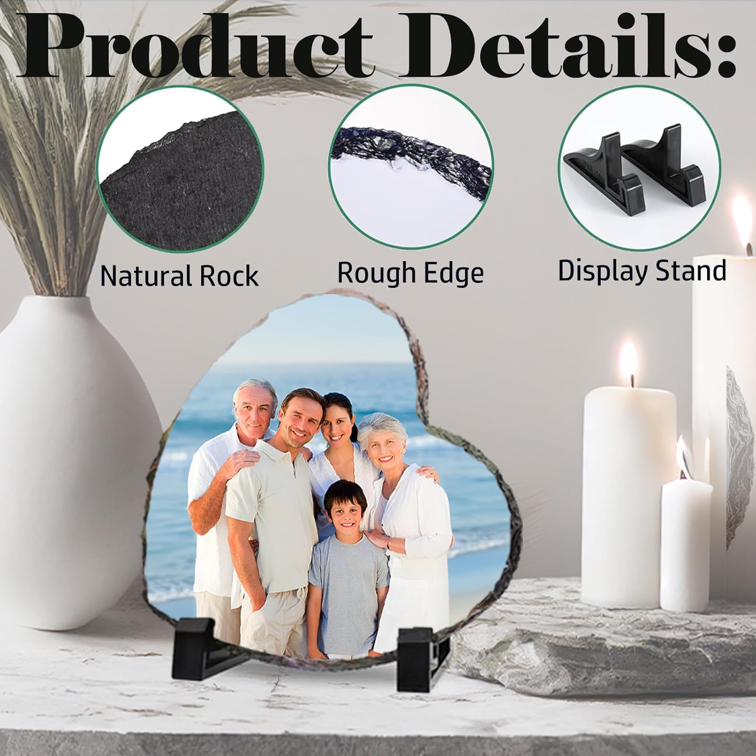 LOUISMIAA Personalized Picture Frame Custom Photo Stone Rock Slate Plaque Frames, Customized Gifts for Mothers Fathers Day Valentine's Day Wedding Birthday Christmas, Heart Shape 7.9x7.9 in