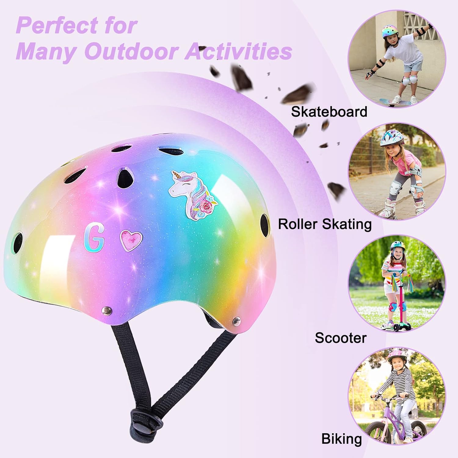 Kids Helmet, Toddler Bike Helmet with DIY Stickers Unicorn Knee Pads and Elbow Pads Set Adjustable Protective Gear Set for Girls Age 3-5-8 Years fit Roller Skates, Bicycle, Skateboarding, Scooter