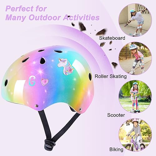 Miniatura 7 de Kids Helmet, Toddler Bike Helmet with DIY Stickers Unicorn Knee Pads and Elbow Pads Set Adjustable Protective Gear Set for Girls Age 3-5-8 Years fit
