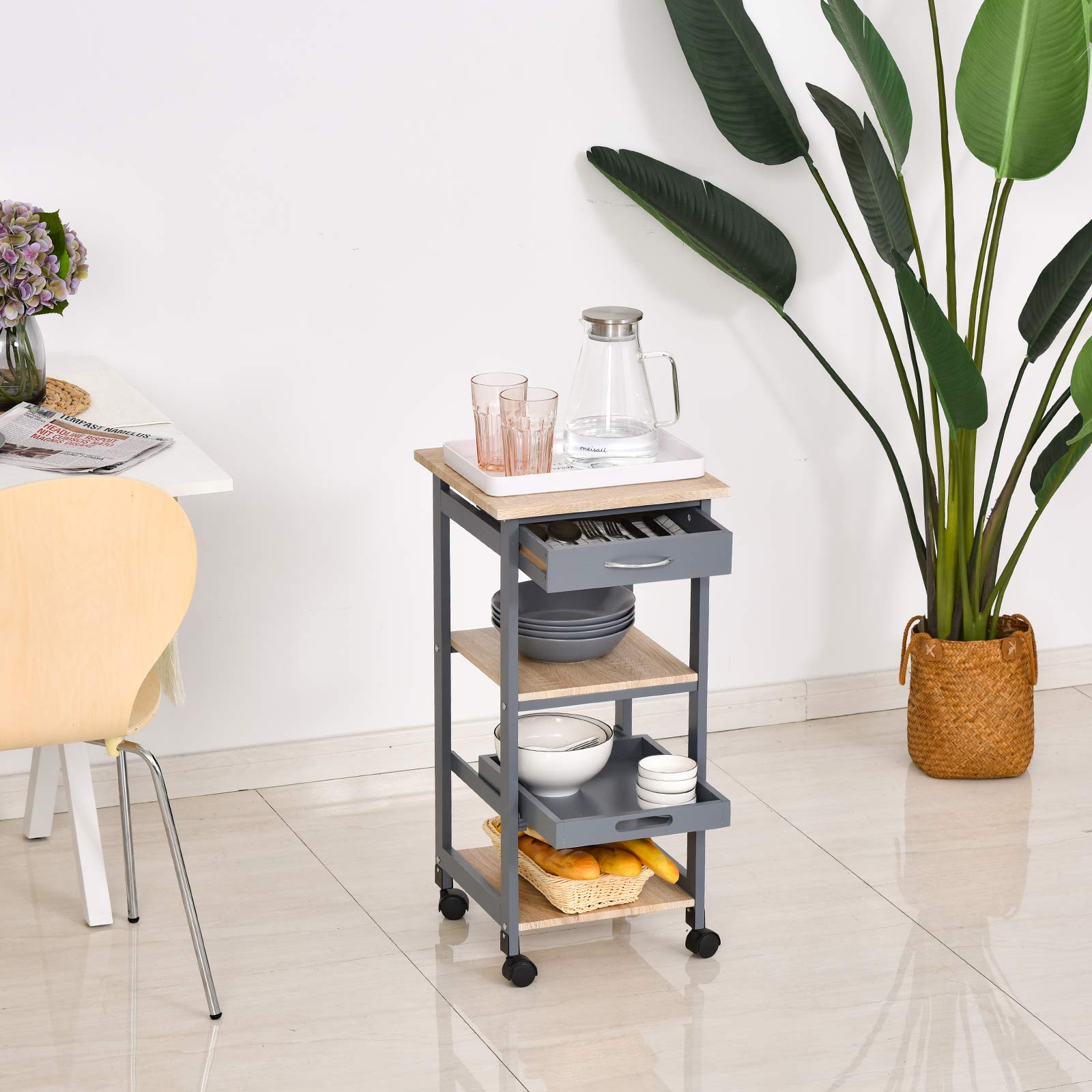HOMCOM Carrello da Cucina Portavivande con Cassetto, 2 Ripiani e Vassoio Estraibile, Isola da Cucina in Legno 37x37x76cm, Grigio