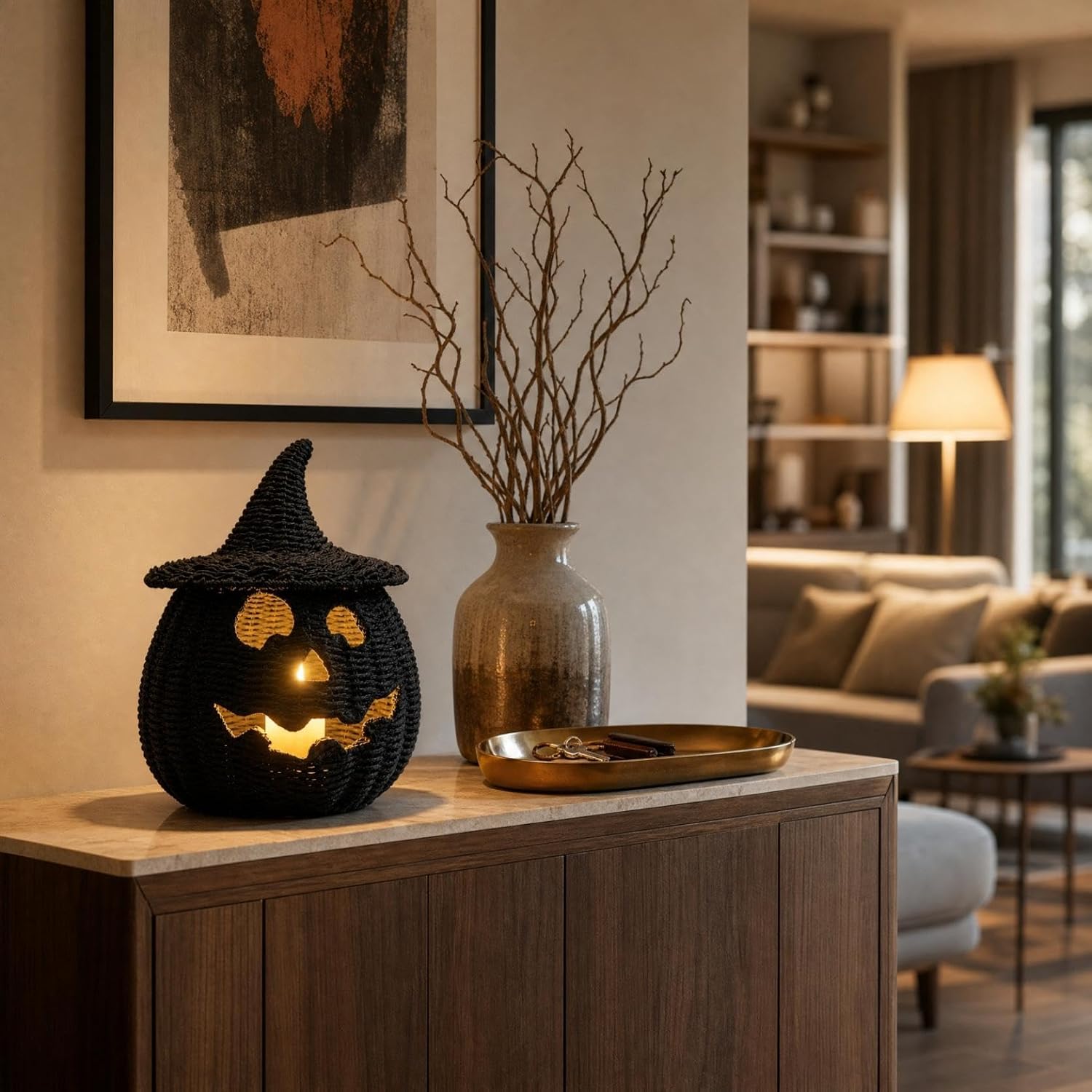 Spooky Handmade Black Wicker Pumpkin Lantern, with Witch Hat Lid, Light Compatible Hollow Jack O Lantern Tabletop Decor, Woven Fall Centerpiece for Mantel, Coffee Tables & Entryways