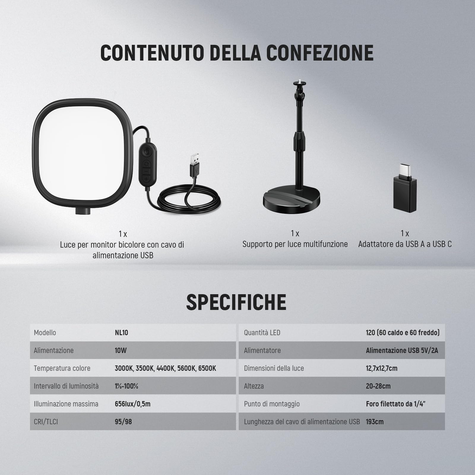 NEEWER BASICS 5" Luce Scrivania per Videochiamate, LED Ring Light a Schermo Intero con Stand, CRI95 10W Bicolore Edge Lit lluminazione Conferenze Zoom Streaming Computer Laptop Webcam Telefono, NL10