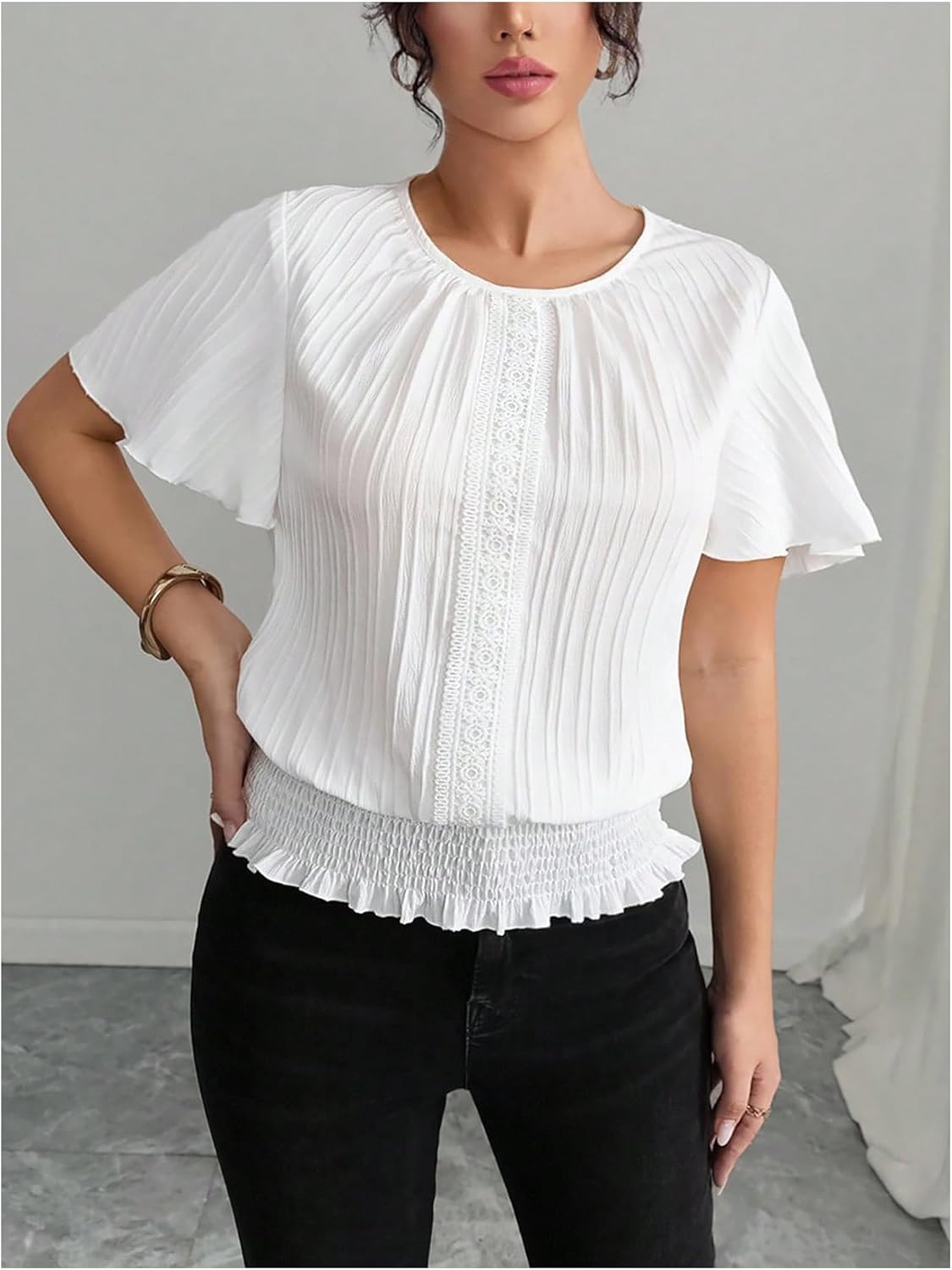 Floerns Women's Dressy Casual Short Sleeve Blouse Tops Textured Crewneck Work Shirts - Image 2