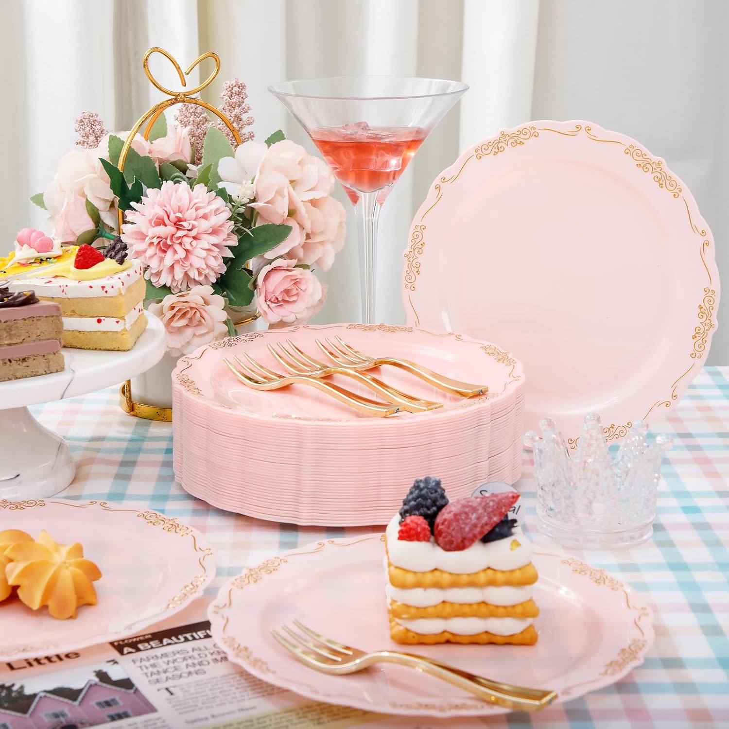 LIYH 100 Pcs Pink Gold Dessert Plates - 100 Pcs Gold Plastic Forks,Cake Plates Disposable with Forks, Appetizer Plates, Bridal Shower Easter Party Plates for Birthday Wedding Party