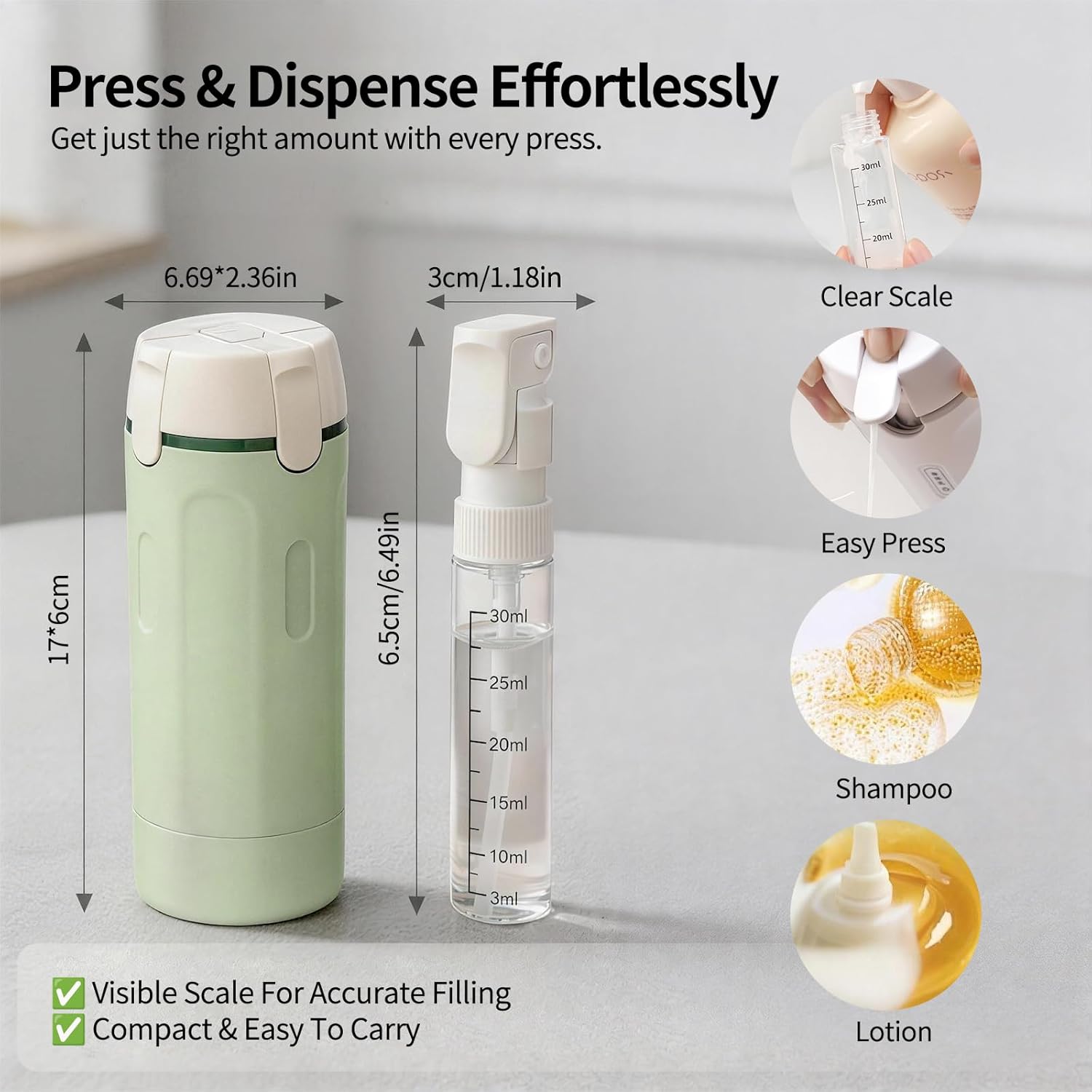4 in 1 Travel Dispenser Bottle,4 Pack 30ML Travel Bottles for Toiletries,Leak Proof Travel Size Containers with Scale and Label,Portable for Shampoo Lotion Conditioner Cream(White)