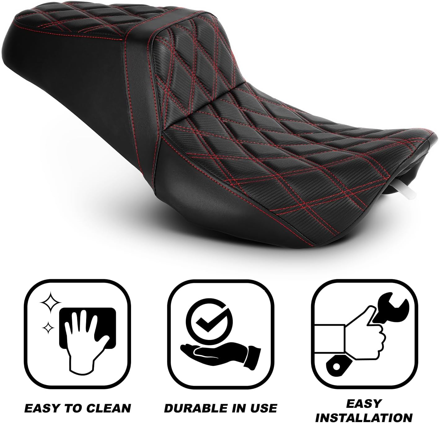 One-Piece Driver and Passenger Seat with Diamond Pattern Stitching Fit for Harley Touring Road King 1997-2007 Street Glide 2006-2007 (Red Stitching)