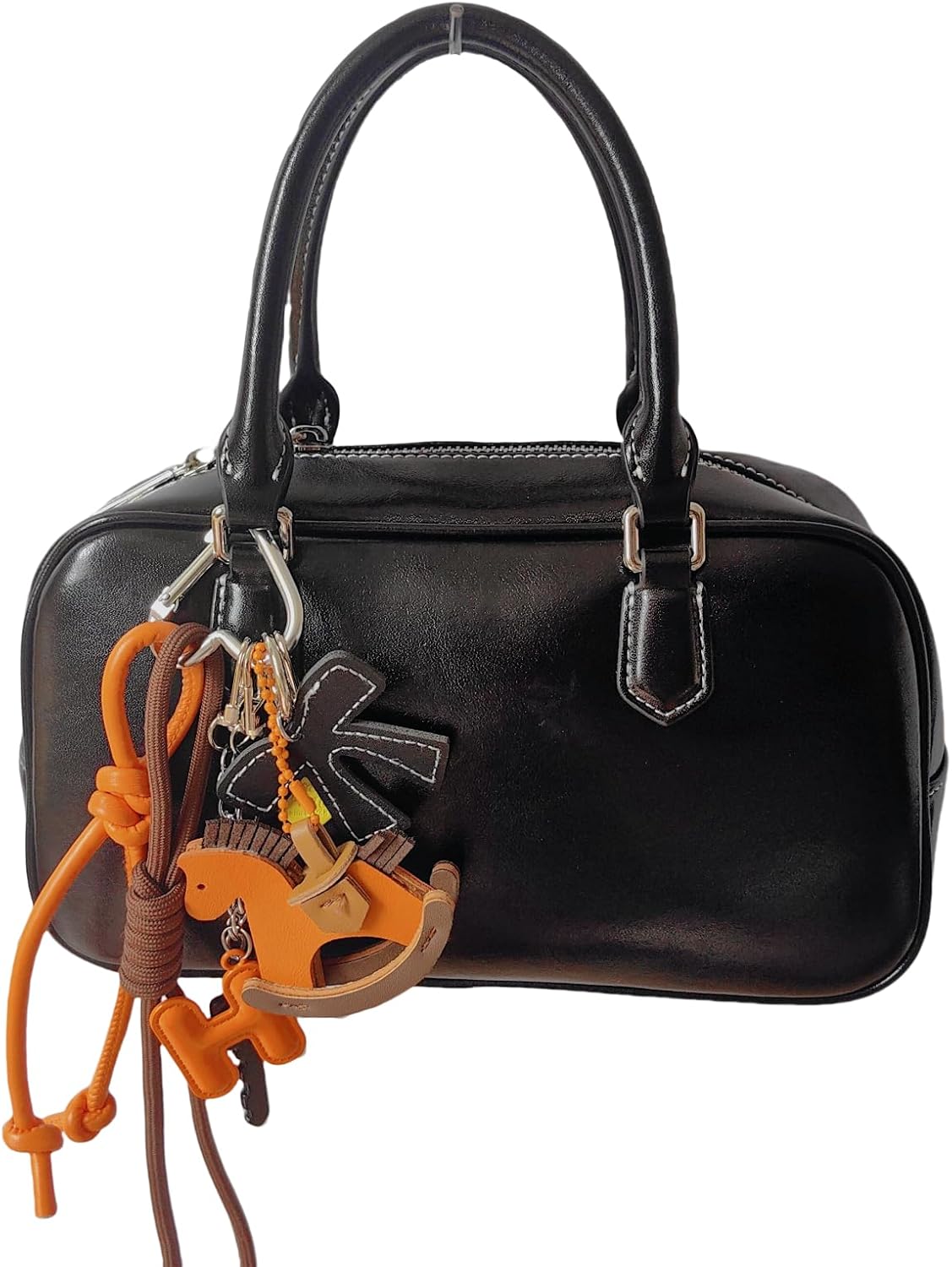 8-Piece Designer Leather Rocking Horse Bag Charm Set - Y2K Orange PU Letter H, Gold-Toned Heart Black Leather Bow Keychains with Ropes and Cord Kawaii Handbag Accessories - Image 4