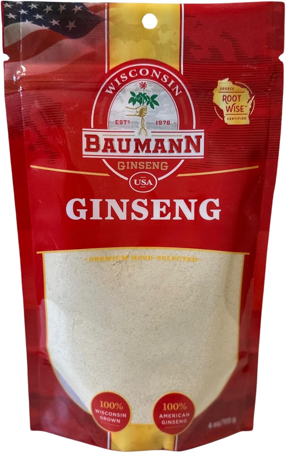 American Ginseng Powder, Powder Form, for Immune Support, Energy, Stamina, Brain Health, 4 Ounce, Bag