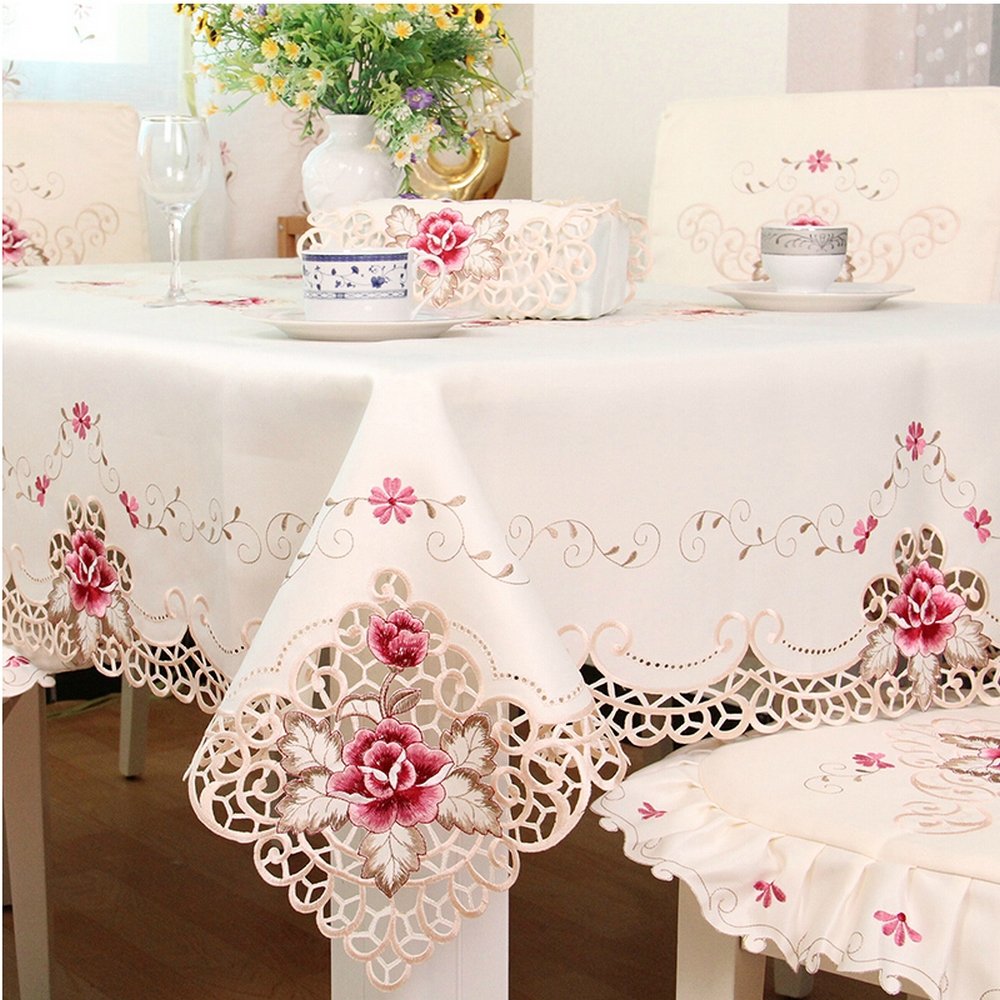 YIZUNNU Rectangular Embroidered Tablecloths Vintage Lace Cream Table Cloth Luxury Cutwork Table Cover Floral Doily White (59.0 x 86.6inch)