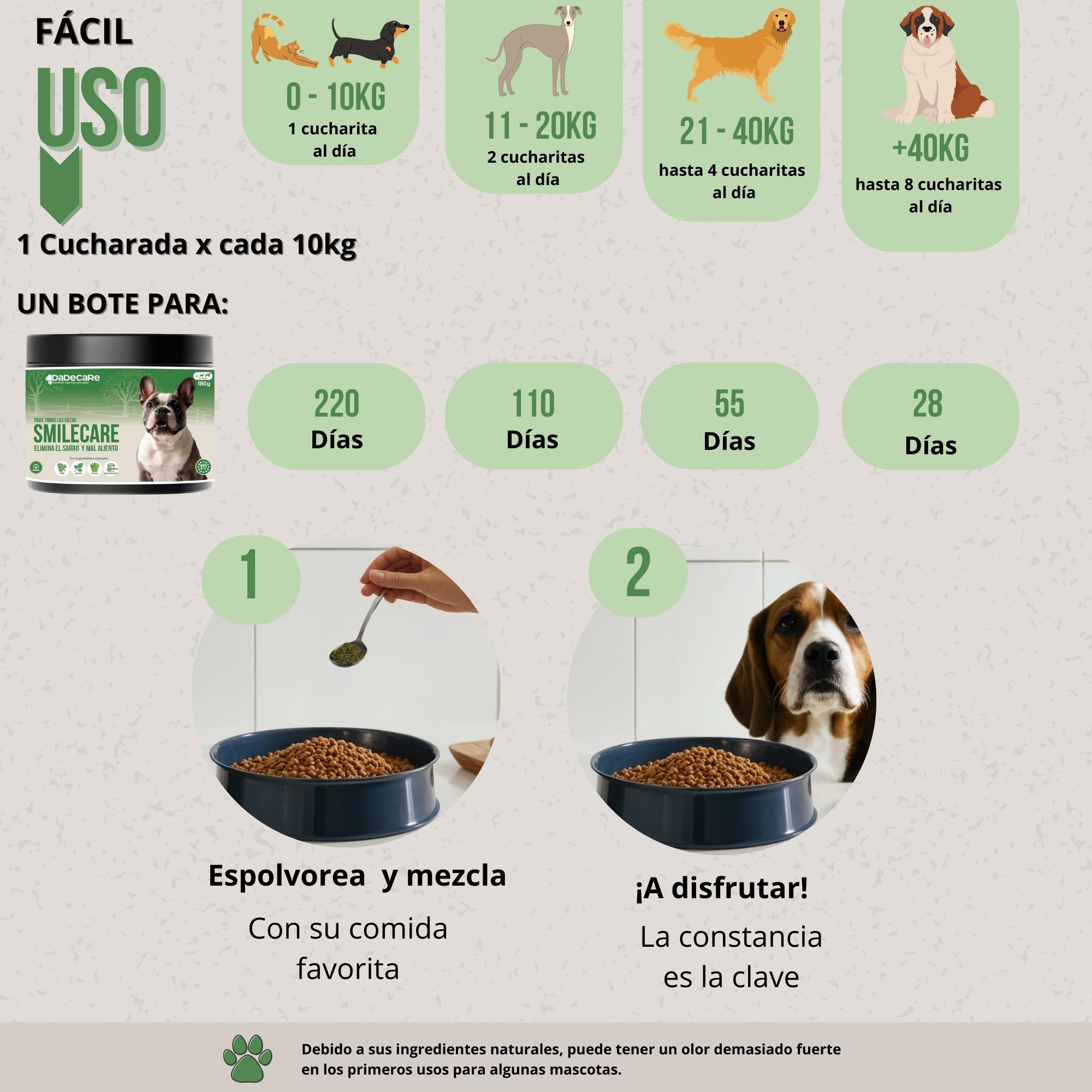 Smilecare - Polvos para Mal aliento 220gr Alga Kelp - Alternativa Natural Pasta De Dientes Para Perros Y Gatos, Mejora Aliento, Reduce Sarro, Prevención Problemas Dentales - Sin Cepillado Diario