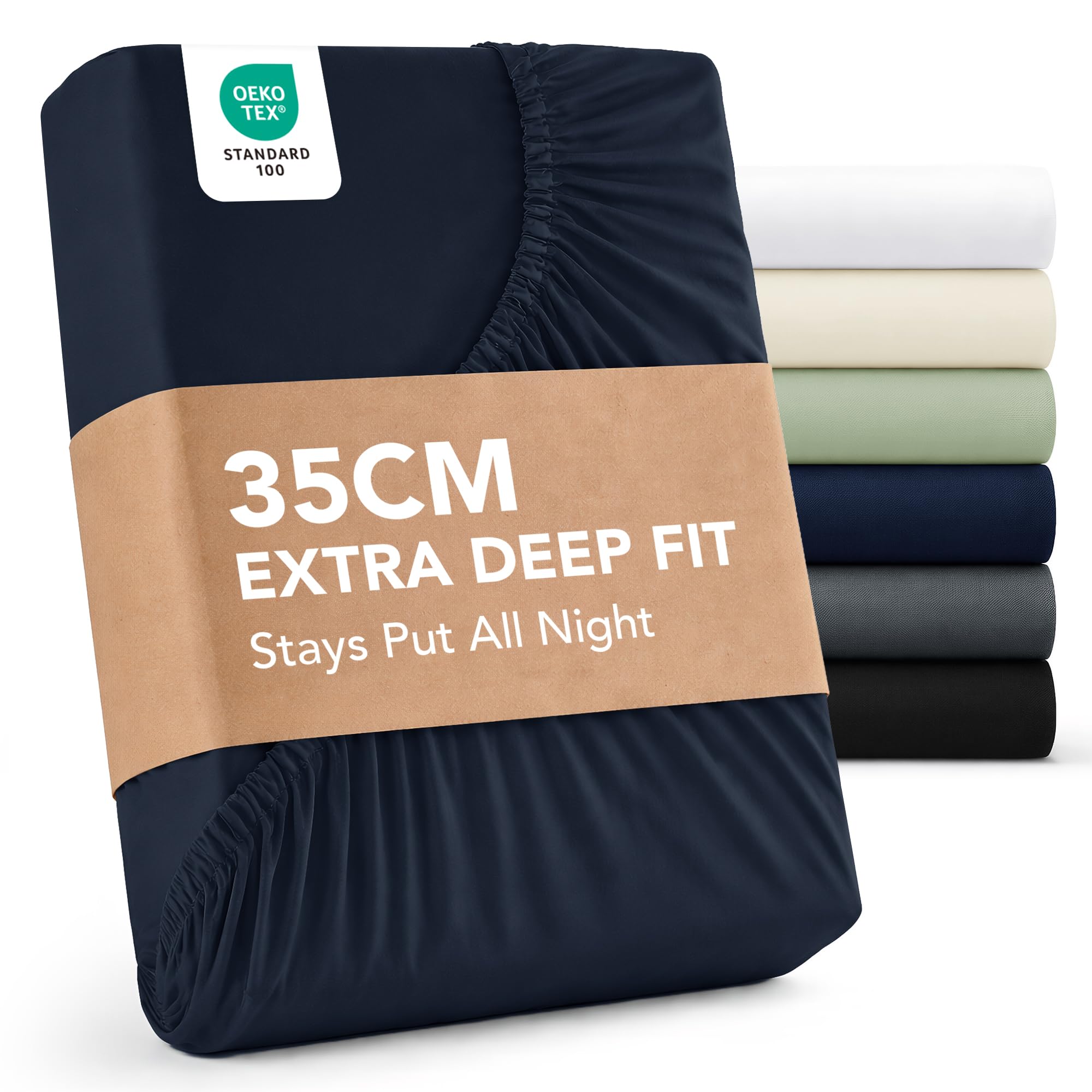 Deconovo King Size Fitted Sheets Navy 35cm Deep - Fully Elasticated Fitted Bed Sheet Ultra Soft Brushed Mricrofibre Fabric OEKO-TEX Certified Bottom Sheet Shrink Resistant and Breathable